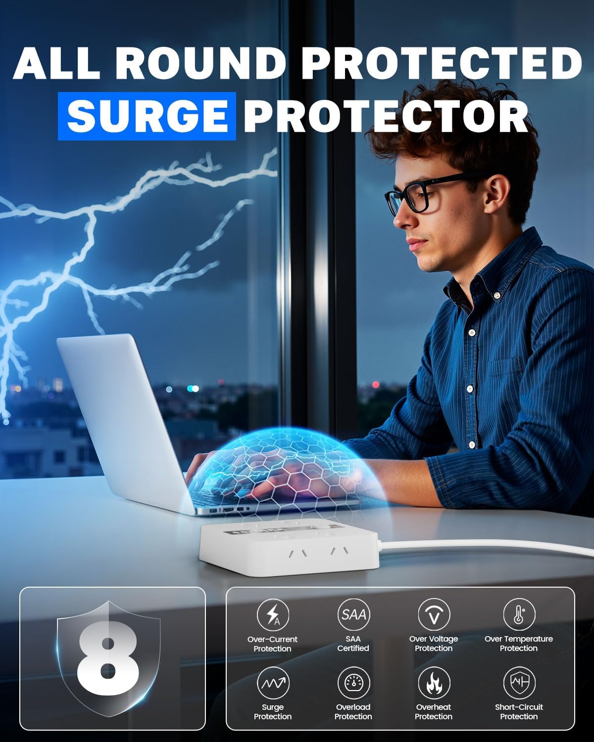 Rigurgito 8-Outlet Power Strip with 6 USB Ports, Surge Protected, White NEW