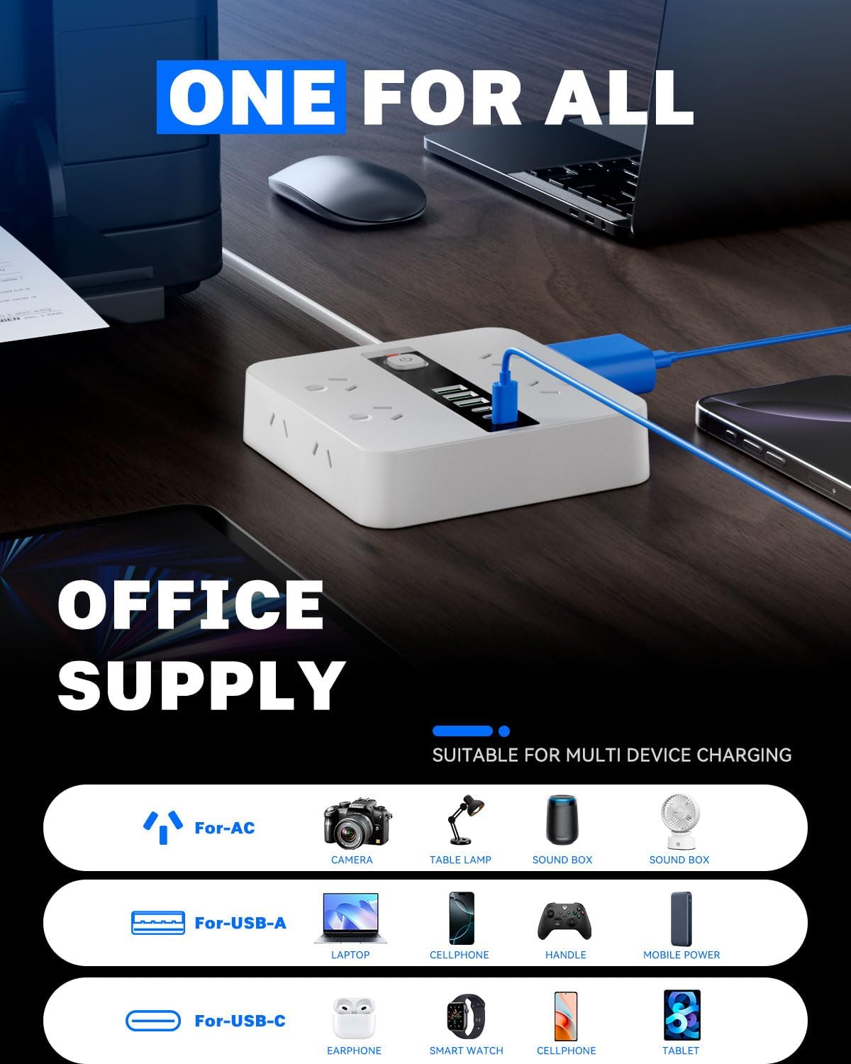 Rigurgito 8-Outlet Power Strip with 6 USB Ports, Surge Protected, White NEW