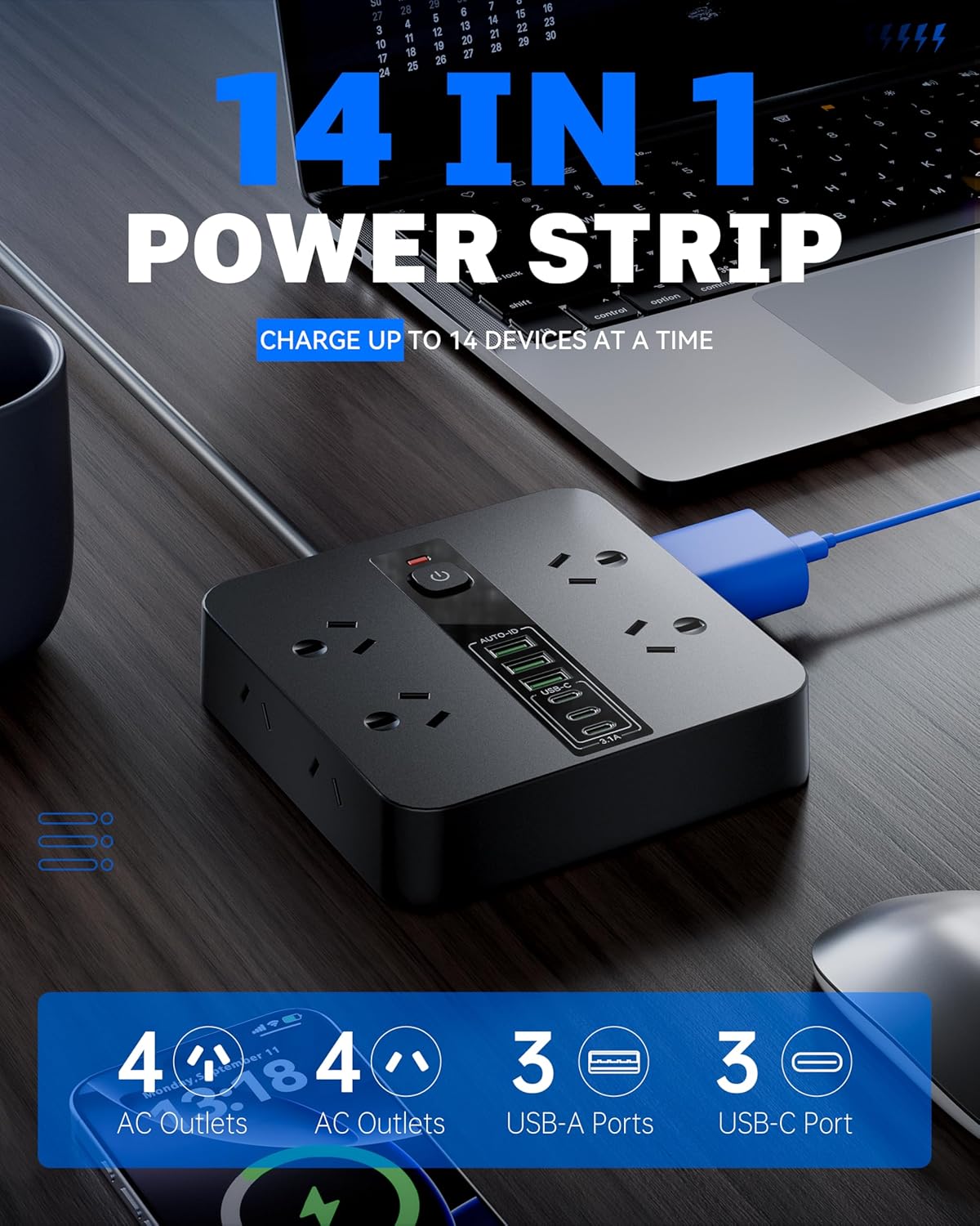 Rigurgito 8-Outlet Power Strip with 6 USB Ports (3 USB-C) in Black NEW