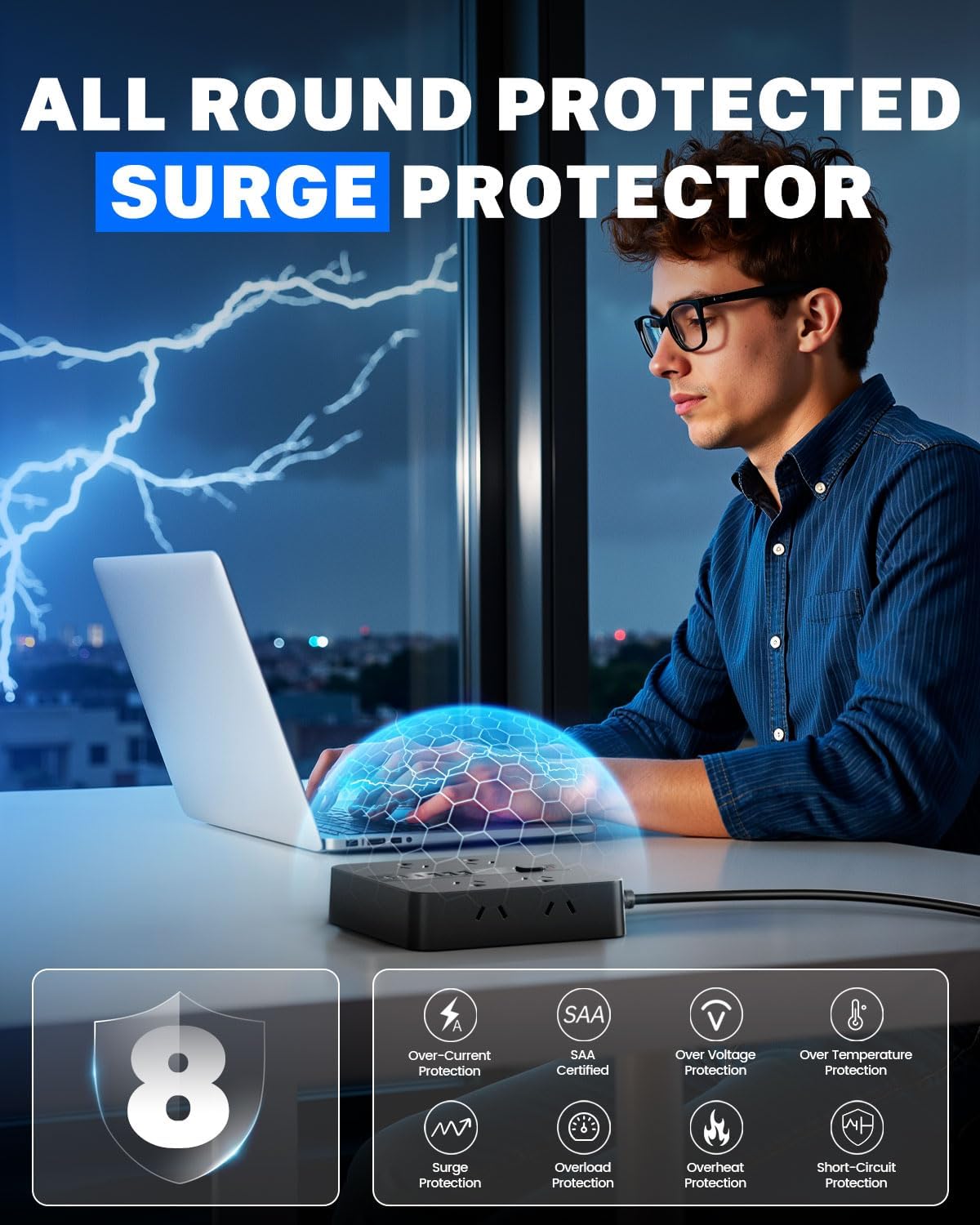 Rigurgito 8-Outlet Power Strip with 6 USB Ports (3 USB-C) in Black NEW