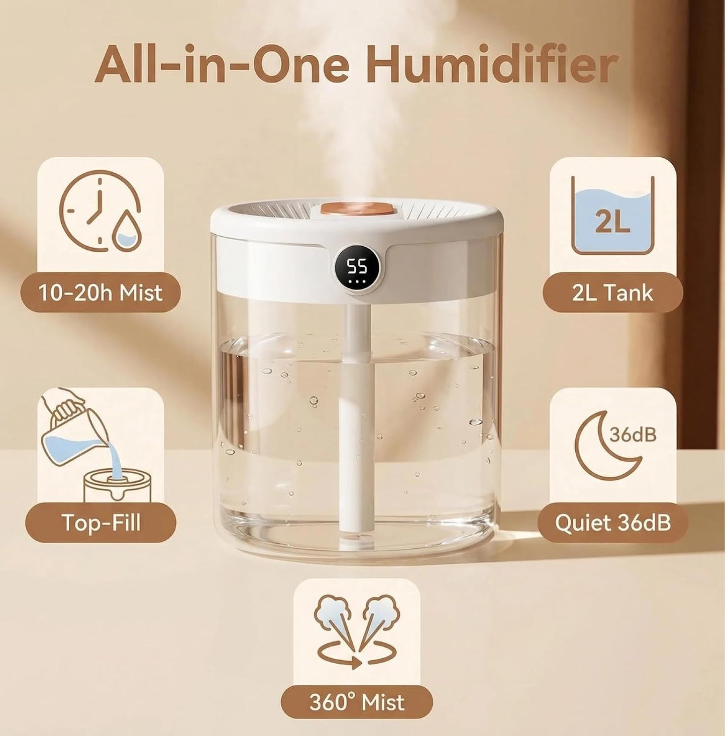krovxom 2L Cool Mist Humidifier with Humidity Display and Night Light White DEMO
