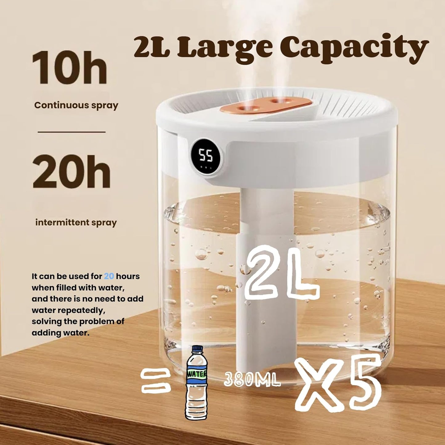 krovxom 2L Cool Mist Humidifier with Humidity Display and Night Light White DEMO