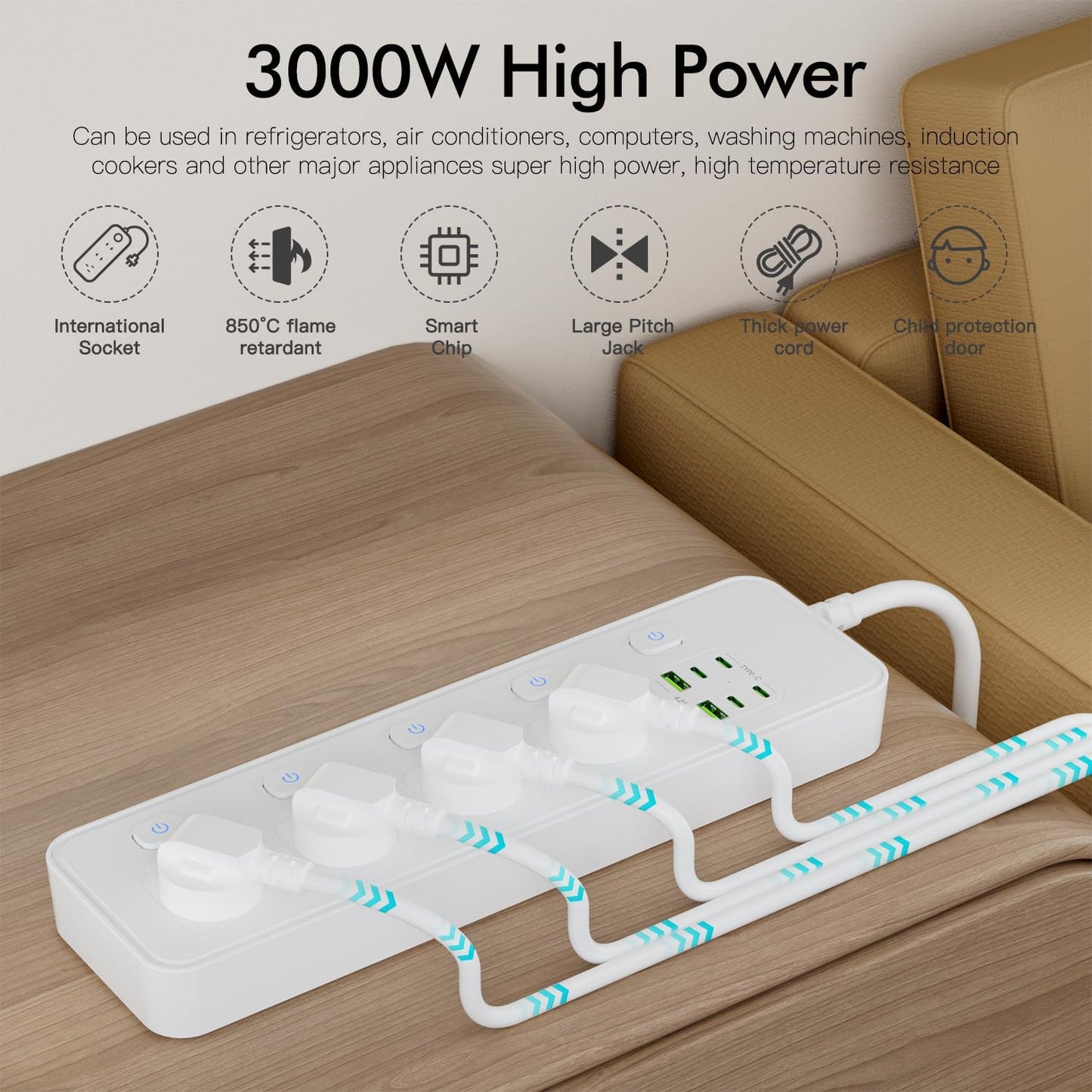 NULOUMA 10-in-1 Power Strip with 4 AC Outlets, Surge Protector, White DEMO