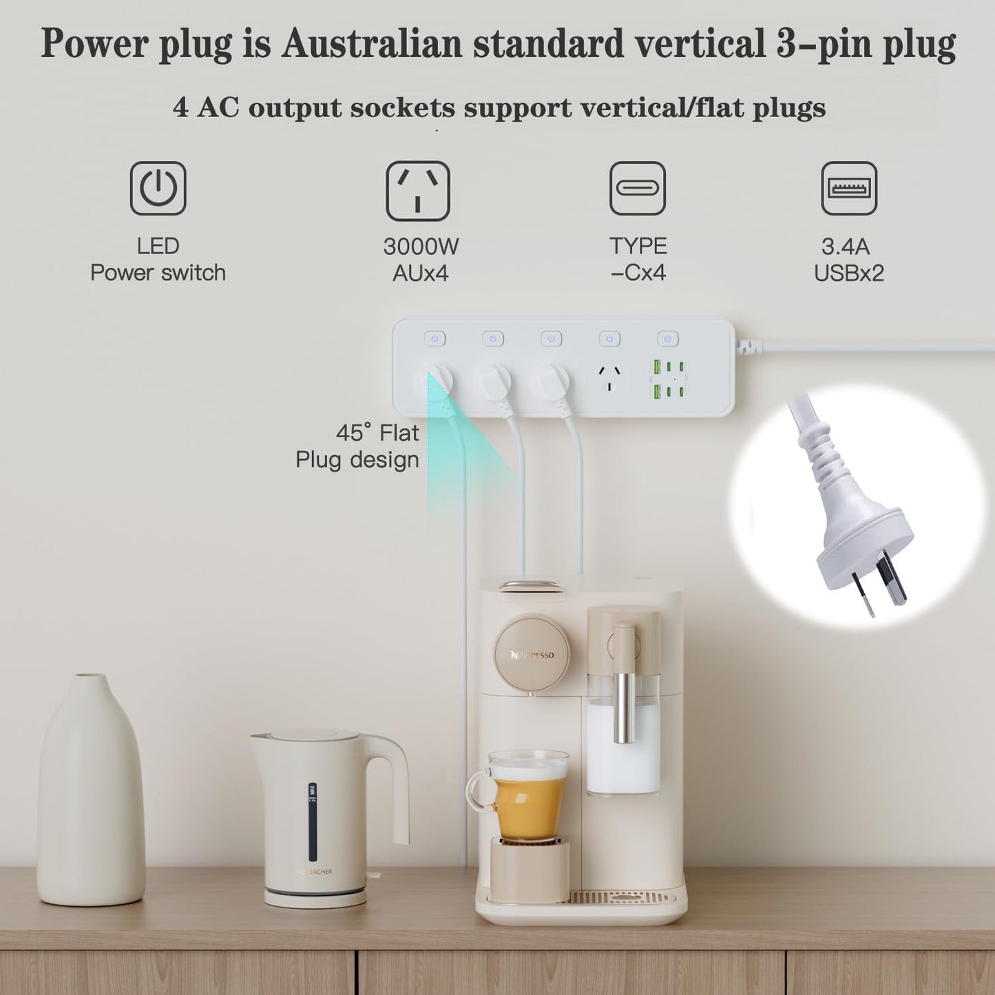 NULOUMA 10-in-1 Power Strip with 4 AC Outlets, Surge Protector, White DEMO