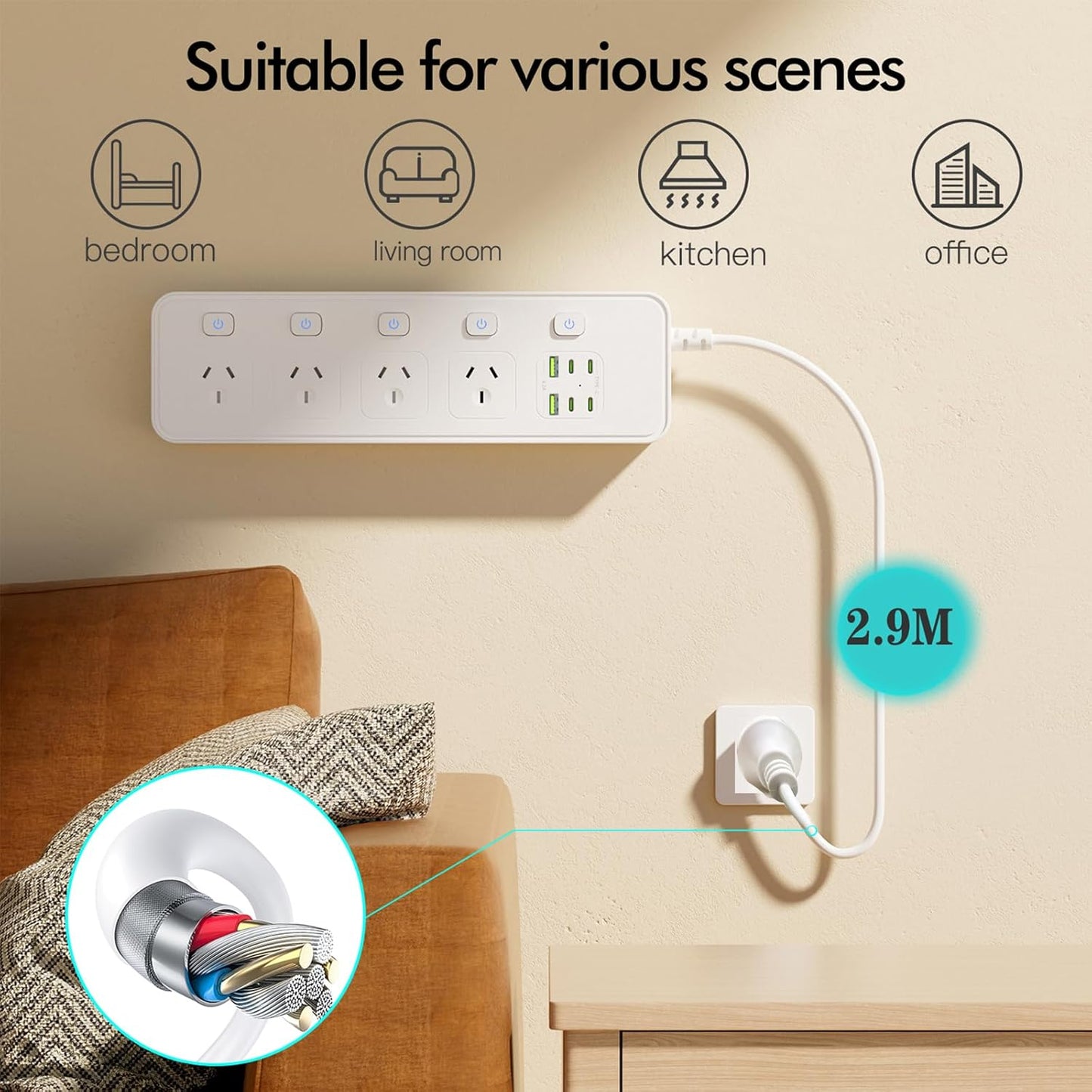 NULOUMA 10-in-1 Power Strip with 4 AC Outlets, Surge Protector, White DEMO