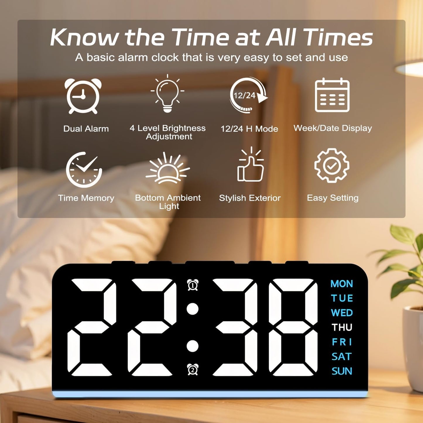 Necomi 6.8in Digital Alarm Clock with Atmosphere Light Bedside Blue for NEW
