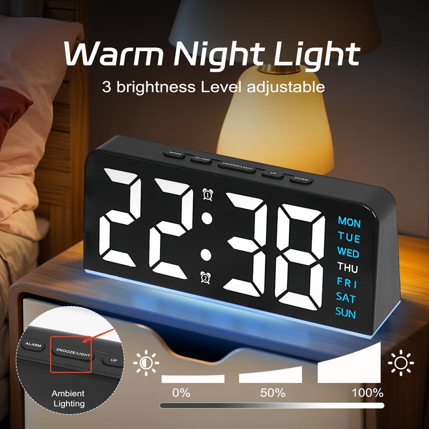 Necomi 6.8in Digital Alarm Clock with Atmosphere Light Bedside Blue for NEW