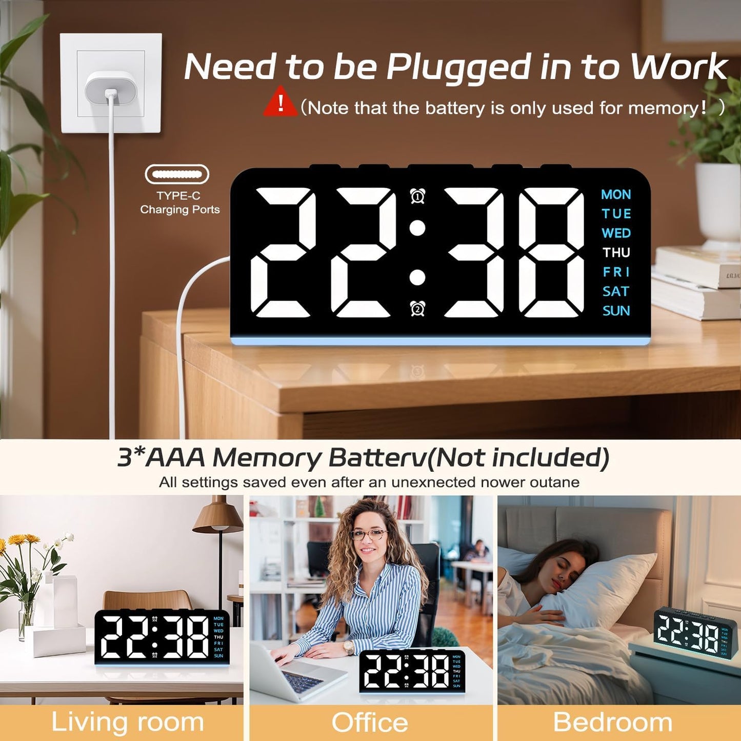 Necomi 6.8in Digital Alarm Clock with Atmosphere Light Bedside Blue for NEW