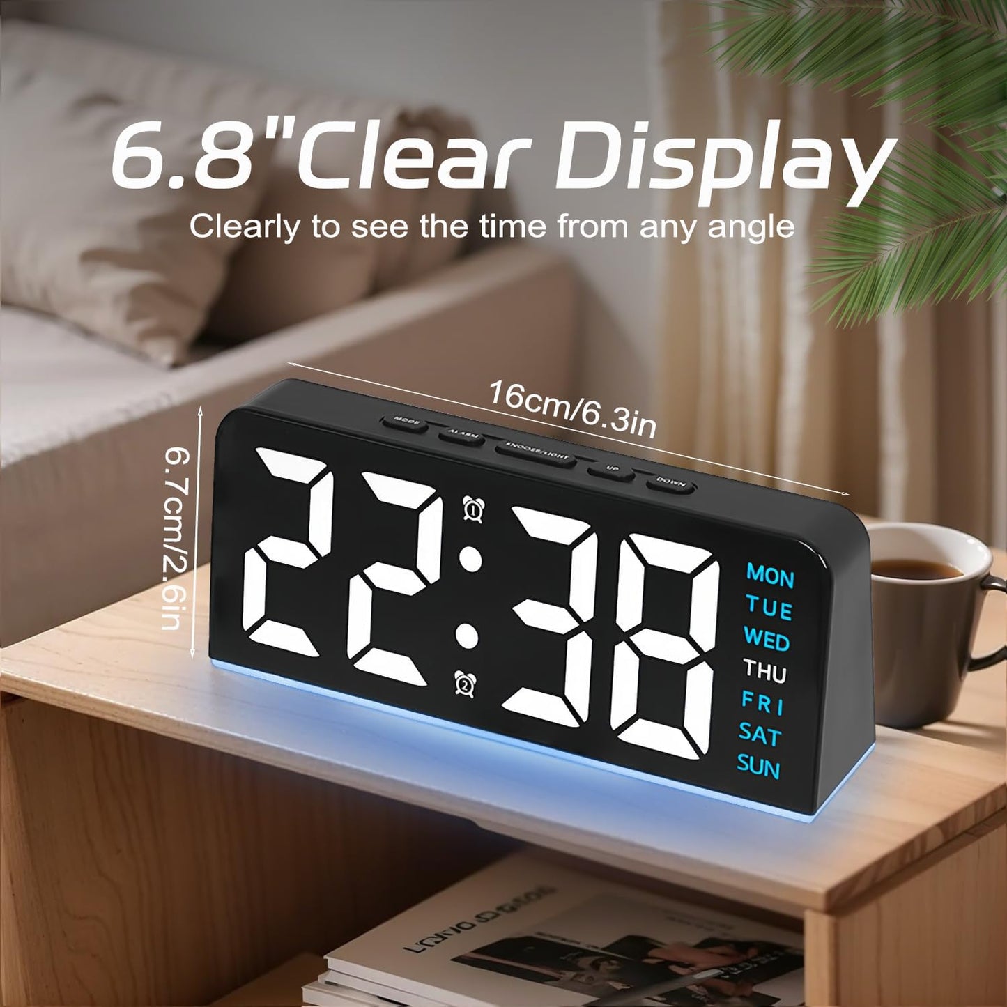 Necomi 6.8in Digital Alarm Clock with Atmosphere Light Bedside Blue for NEW