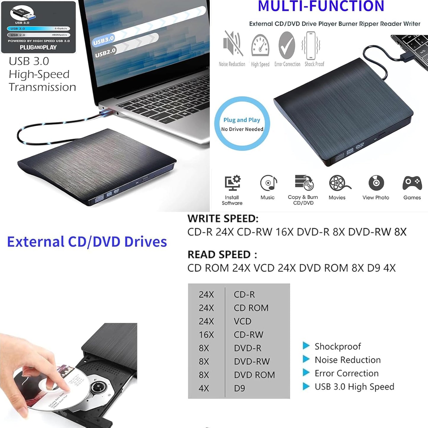 CLERIVI Portable DVD Players USB 3.0 External DVD Burner Player for Laptop DEMO