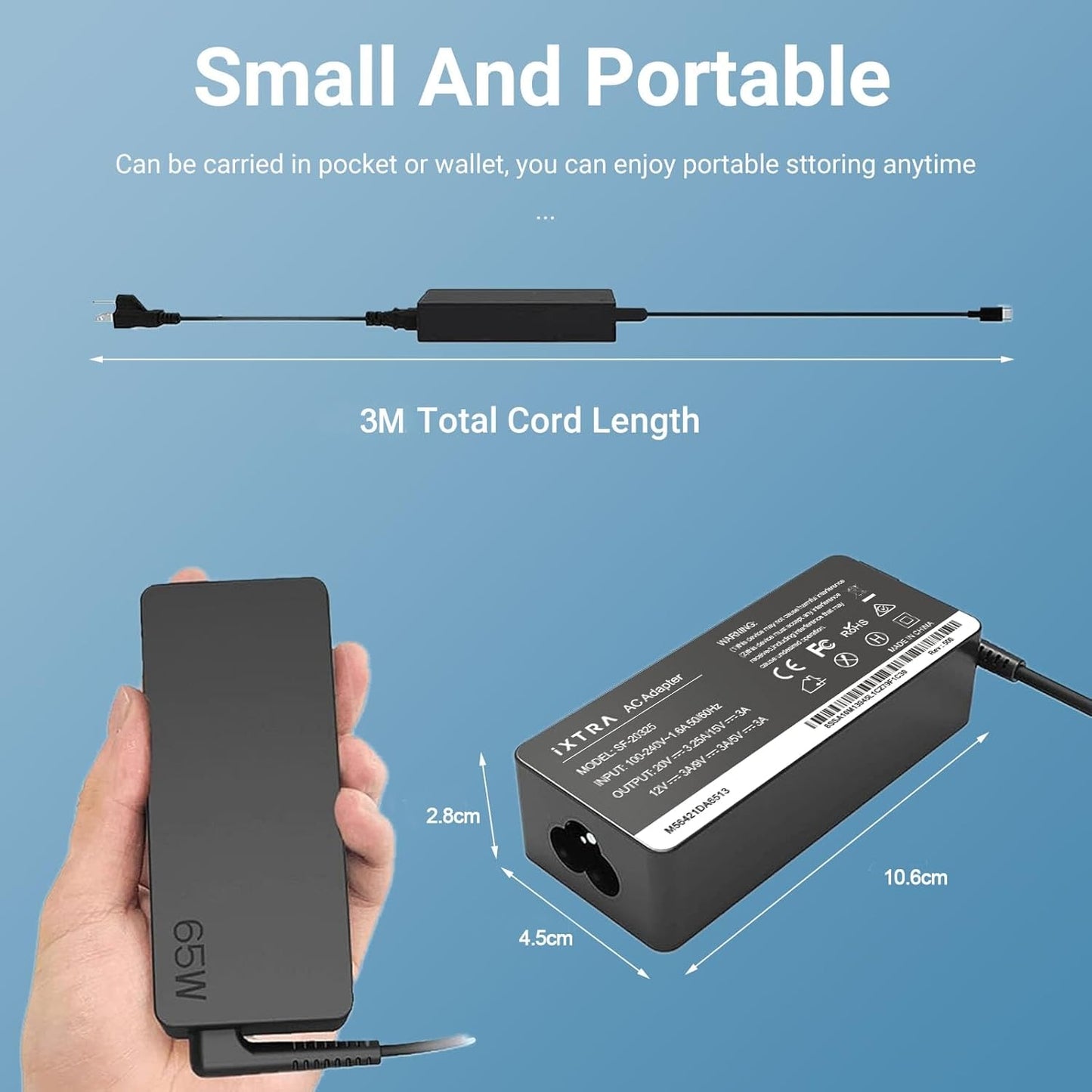 IXTRA 65W 45W USB-C Laptop Charger for Lenovo ThinkPad Series, Black DEMO