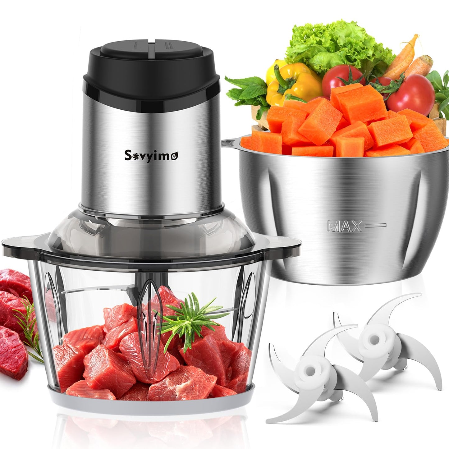 Sovyime 2-Bowl Food Processor with Bi-Level Blades, Stainless Steel DEMO