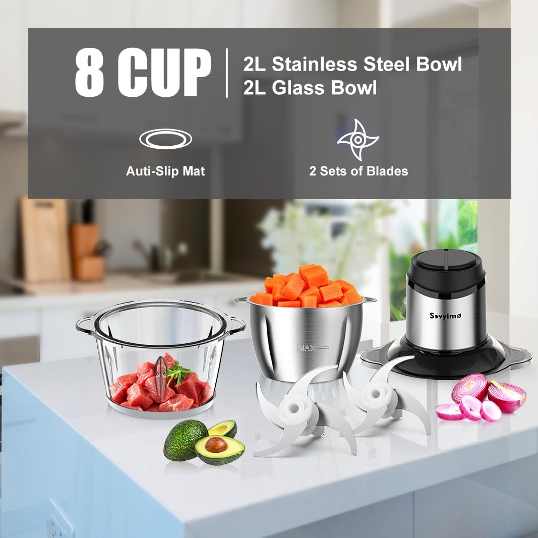 Sovyime 2-Bowl Food Processor with Bi-Level Blades, Stainless Steel DEMO