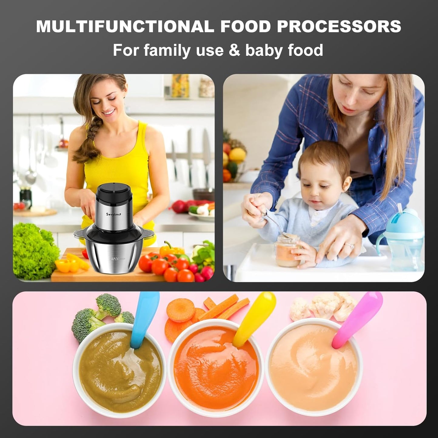 Sovyime 2-Bowl Food Processor with Bi-Level Blades, Stainless Steel DEMO