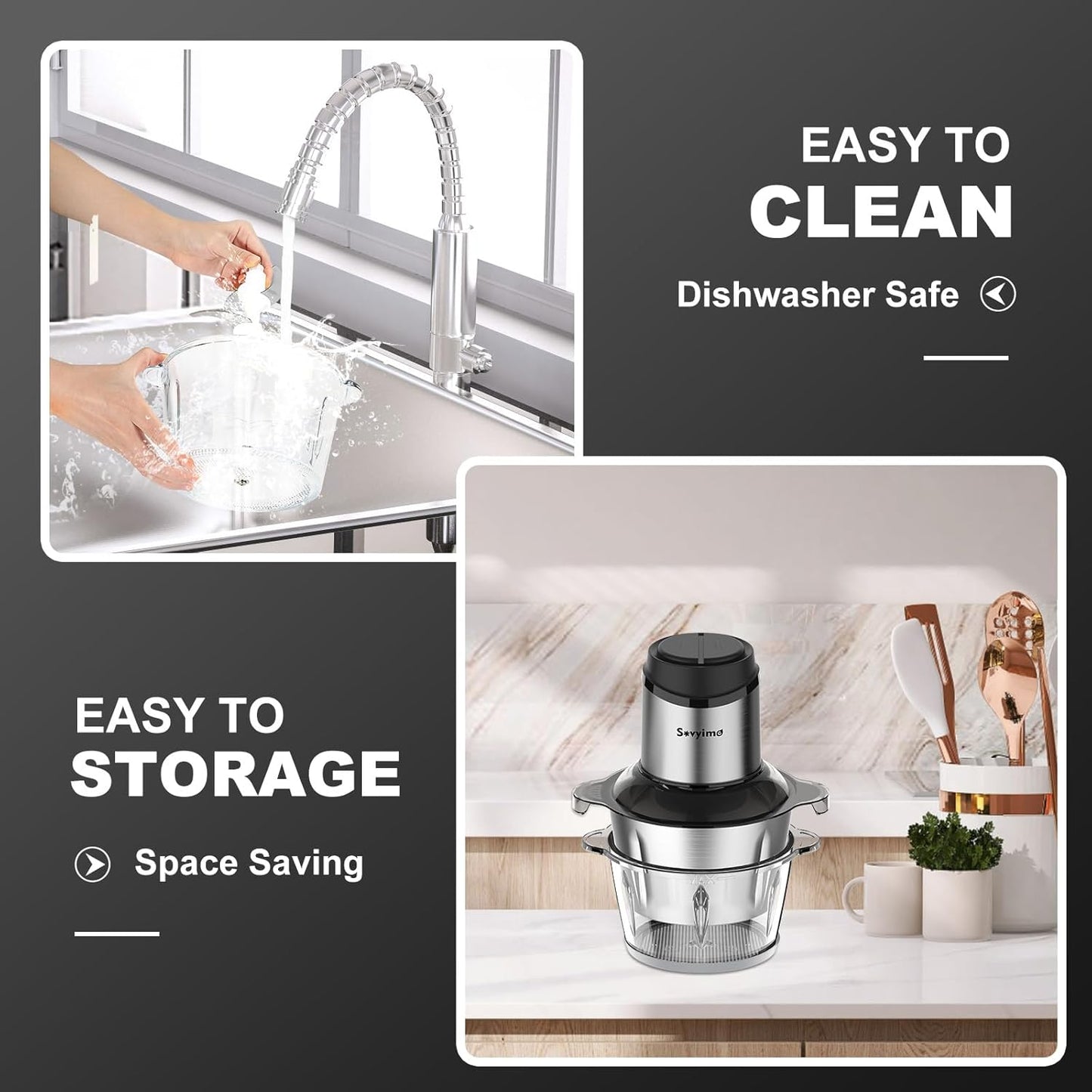 Sovyime 2-Bowl Food Processor with Bi-Level Blades, Stainless Steel DEMO