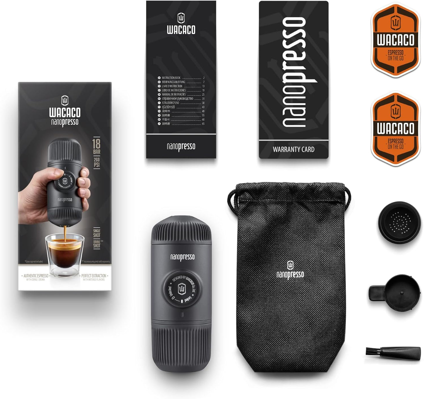 WACACO Nanopresso Portable Manual Espresso Machine, 18 Bar Pressure, Grey NEW