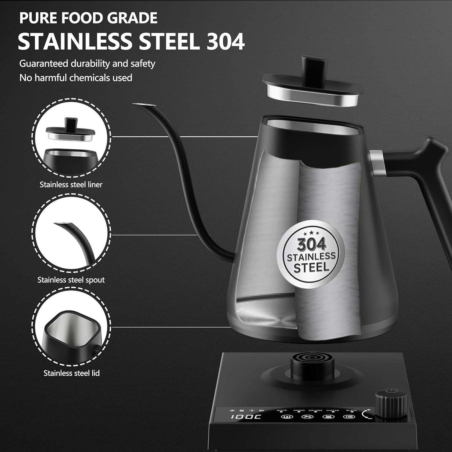 Gooseneck Electric Pour-Over Kettle Stainless Steel Variable Temperature DEMO