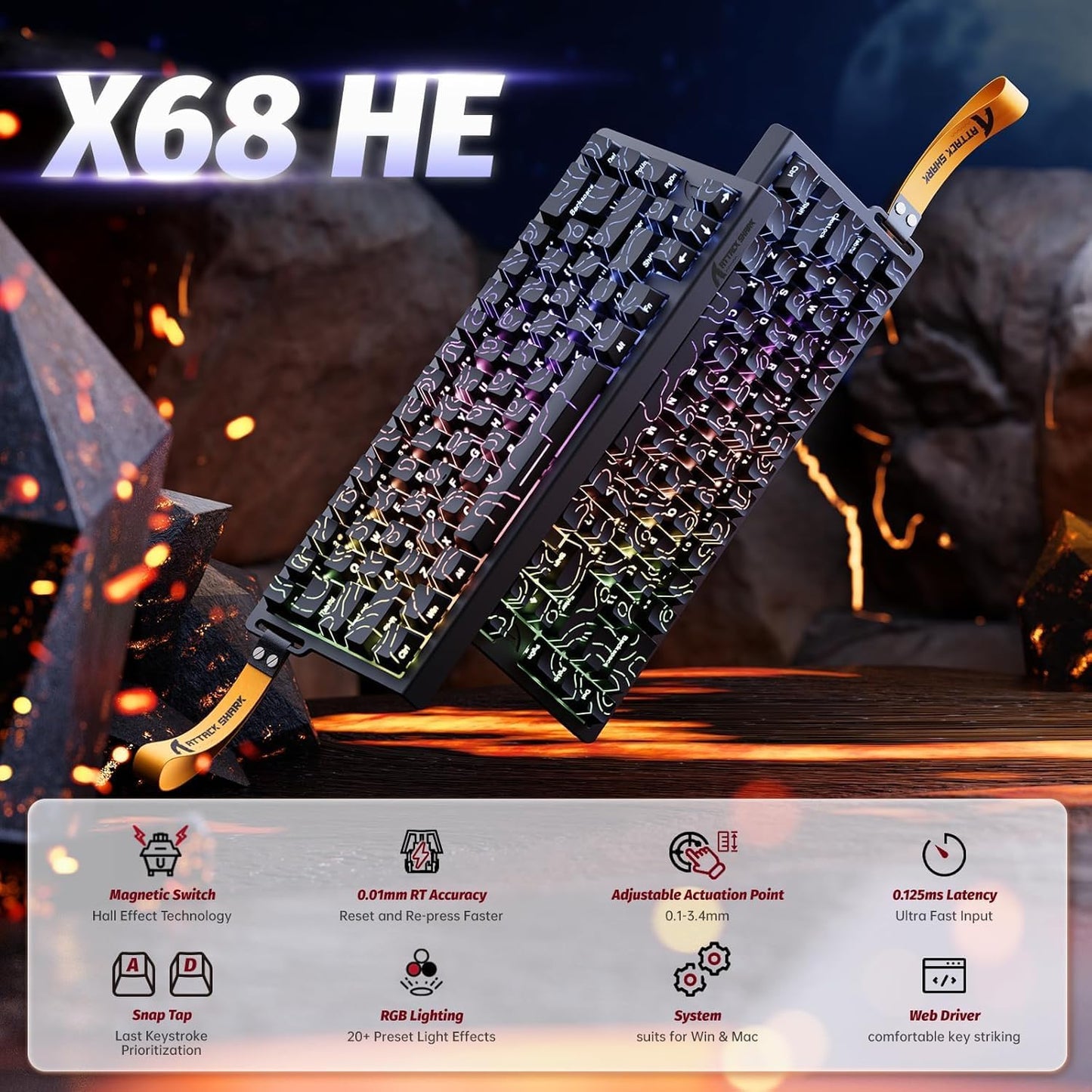 ATTACK SHARK 60% Wired Mechanical Gaming Keyboard, Black Contour, DEMO