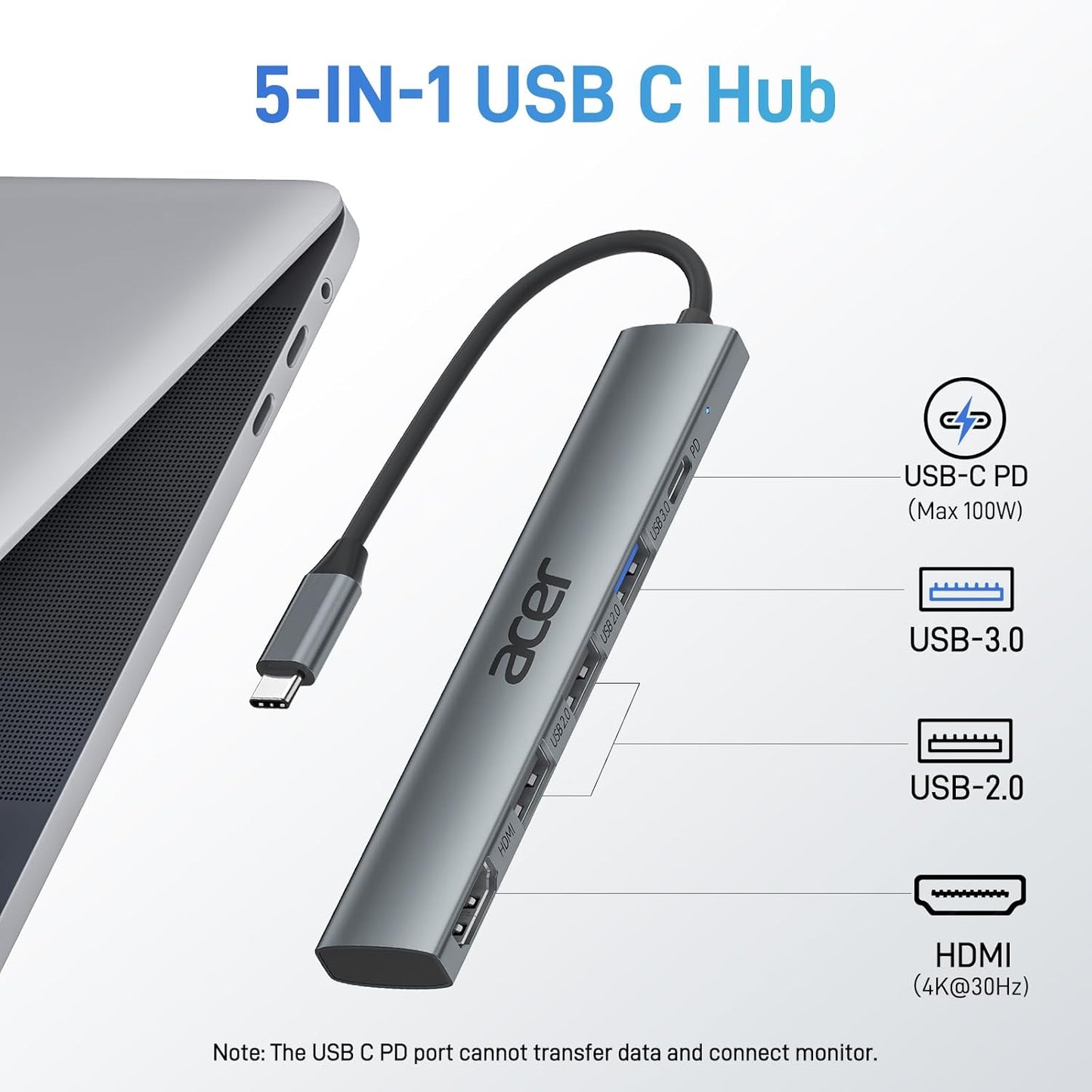 Acer 5-in-1 USB Hubs USB-C Hub Multiport Adapter with HDMI 4K, 100W DEMO