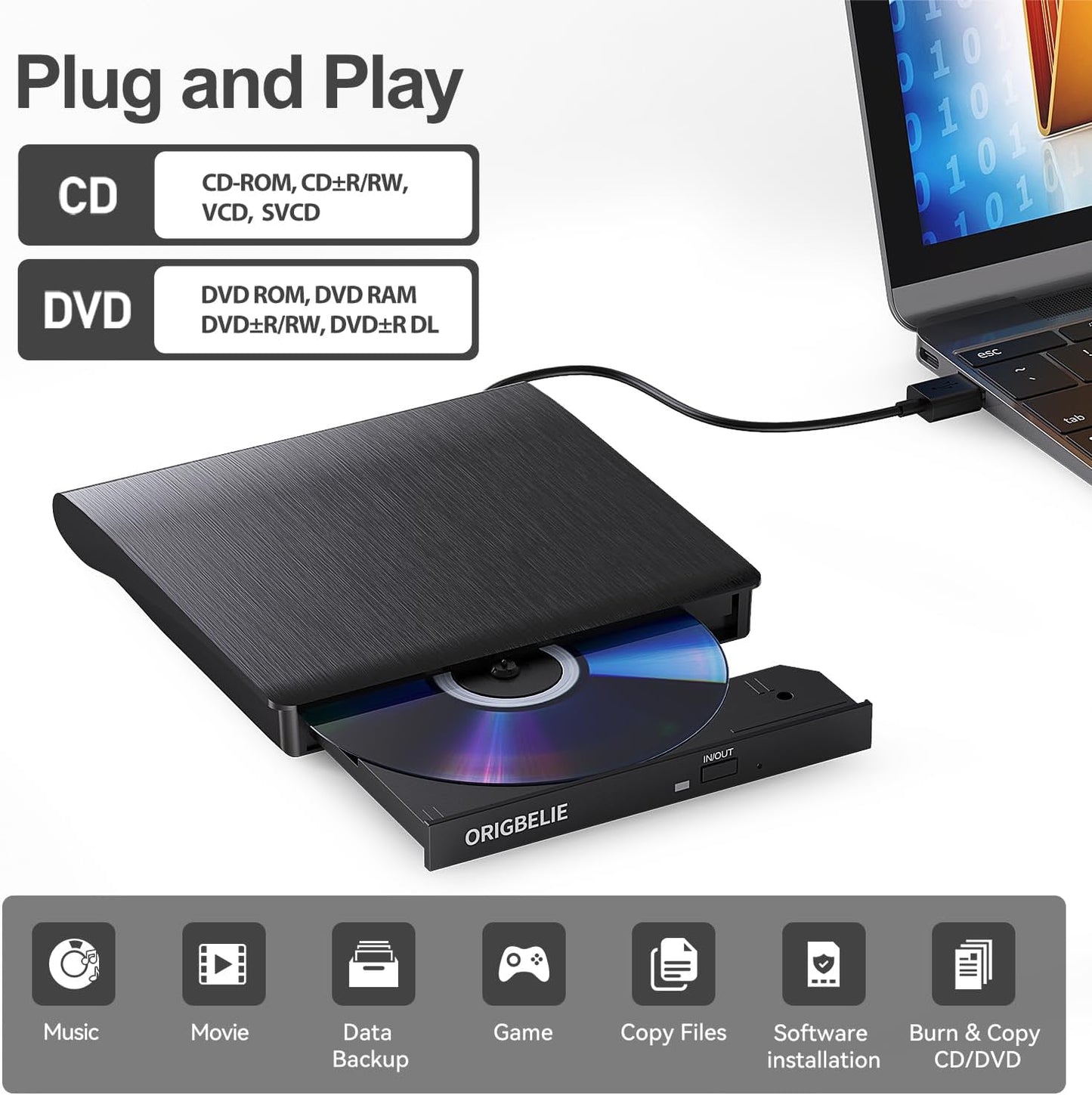 ORIGBELIE USB 3.0 External CD/DVD Burner Optical Drive for Laptop, Black DEMO