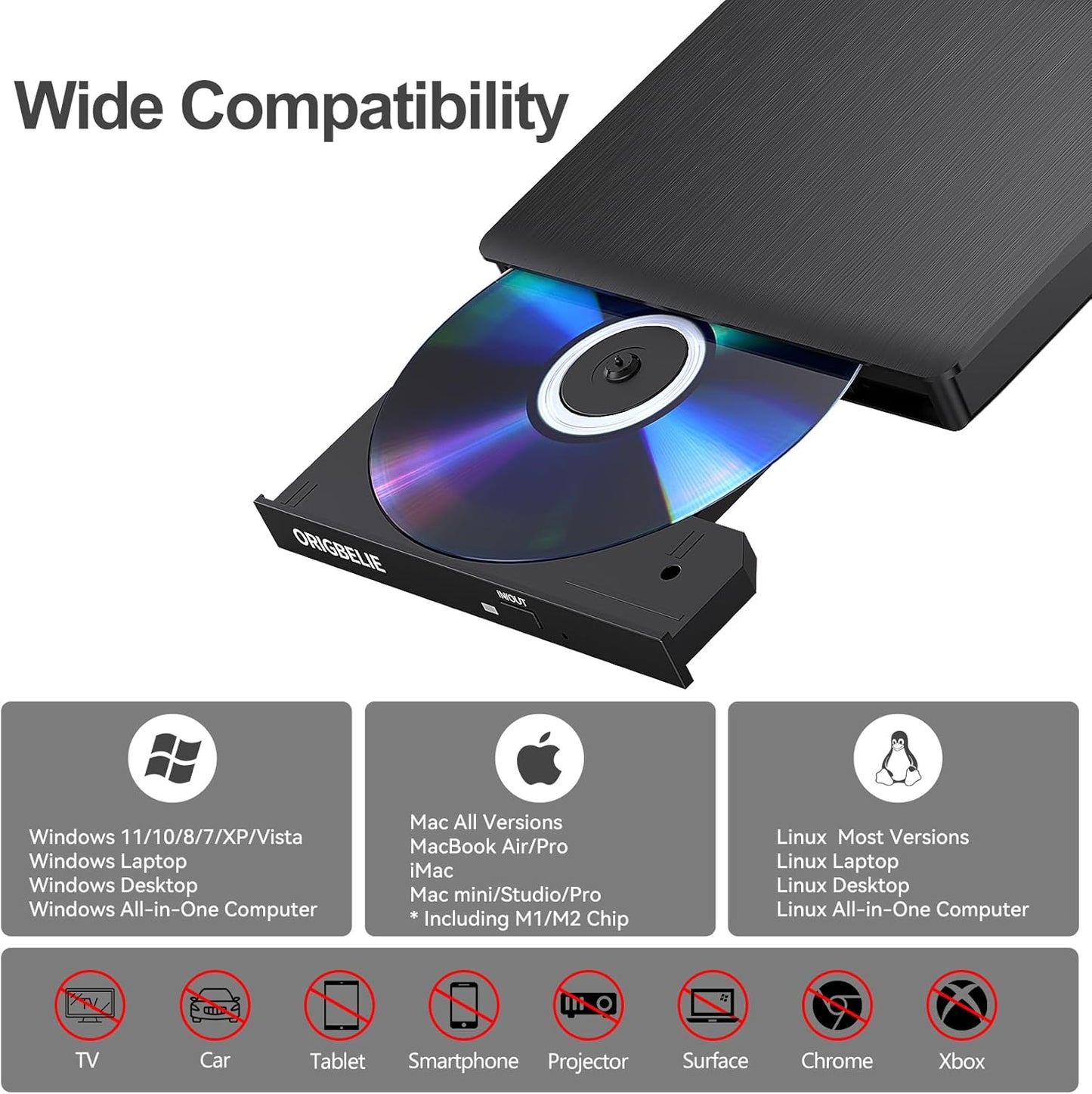 ORIGBELIE USB 3.0 External CD/DVD Burner Optical Drive for Laptop, Black DEMO