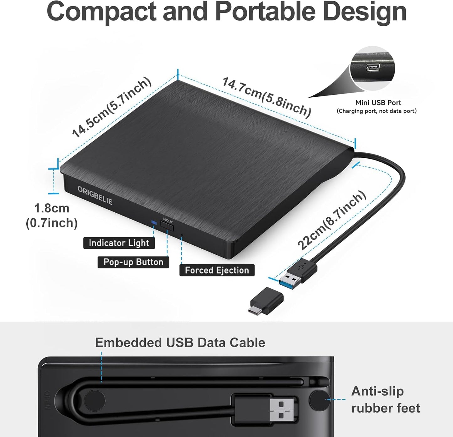 ORIGBELIE USB 3.0 External CD/DVD Burner Optical Drive for Laptop, Black DEMO