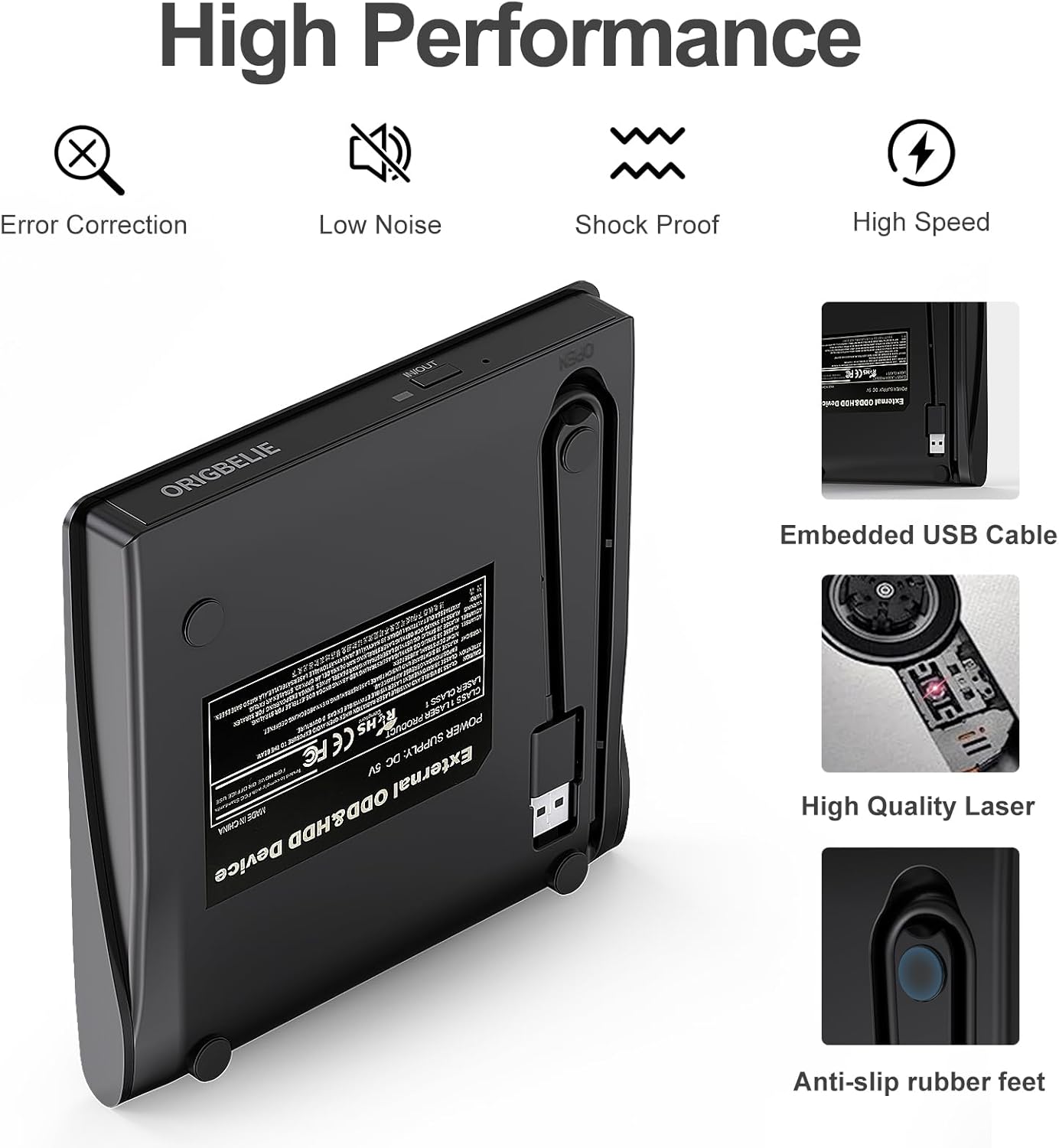 ORIGBELIE USB 3.0 External CD/DVD Burner Optical Drive for Laptop, Black DEMO