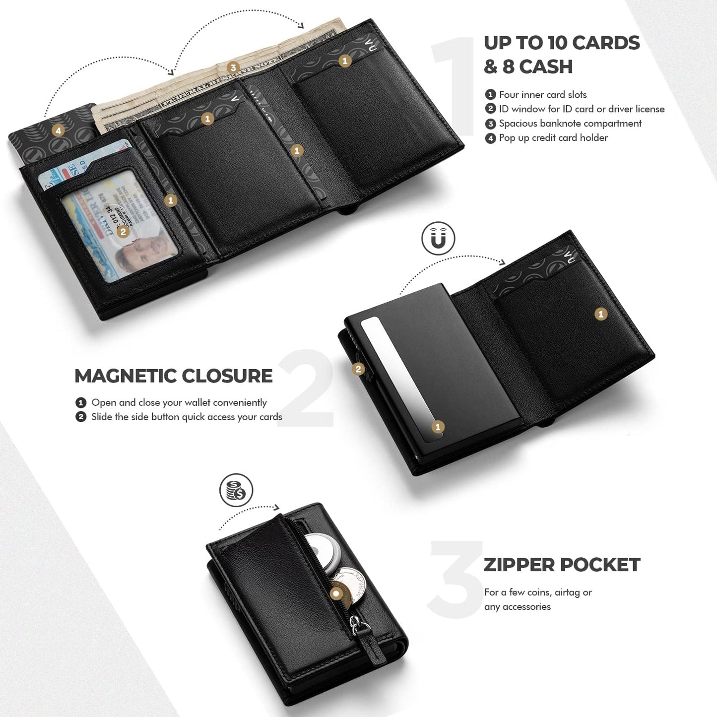VULKIT Leather Wallets Wallet with Coin Pocket Magnetic Closure Pop-Up DEMO