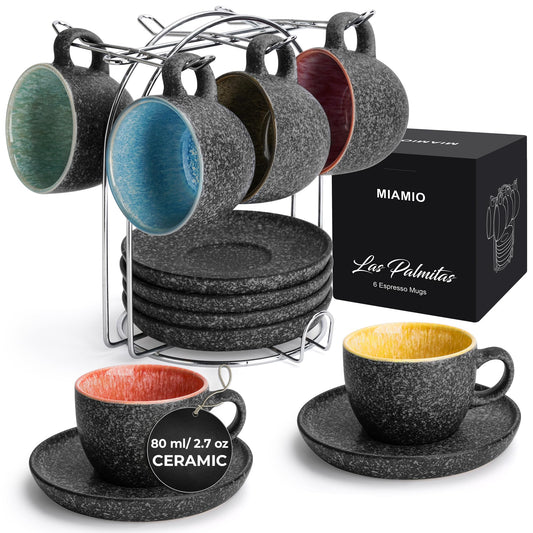 MIAMIO Ceramic Stackable Espresso Cups with Saucers and Metal Stand Set NEW