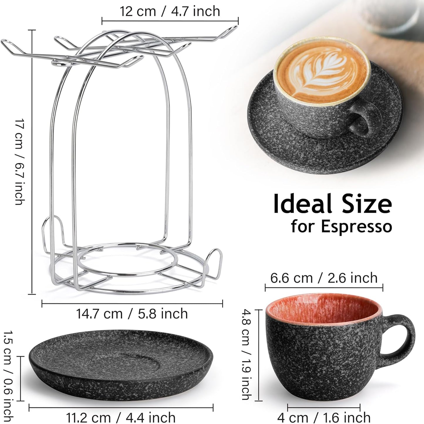 MIAMIO Ceramic Stackable Espresso Cups with Saucers and Metal Stand Set NEW