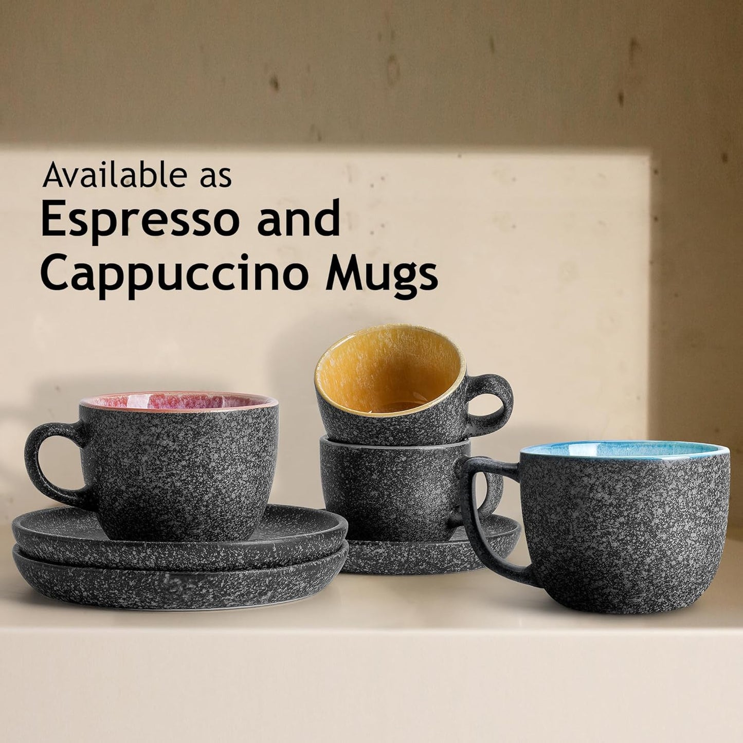 MIAMIO Ceramic Stackable Espresso Cups with Saucers and Metal Stand Set NEW