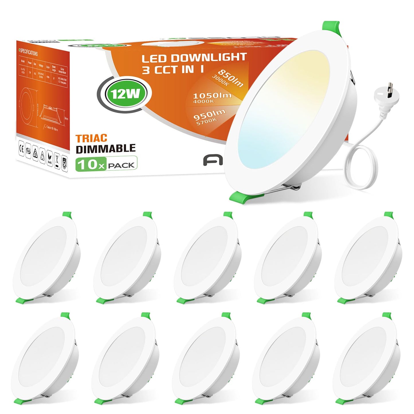 ALUSSO 12W LED Recessed Downlight 1050lm Dimmable 3CCT 3000K 90-100mm Cutout NEW