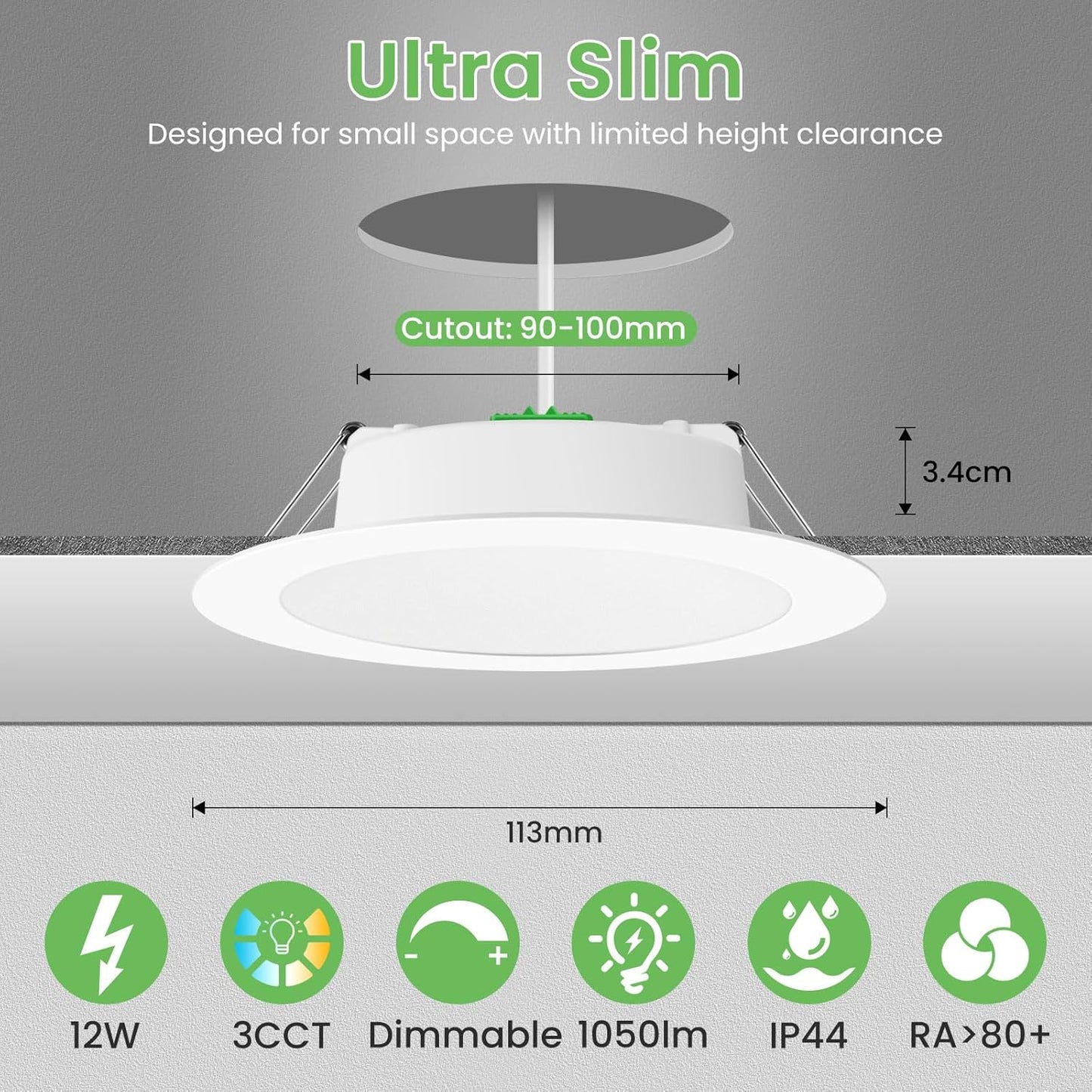 ALUSSO 12W LED Recessed Downlight 1050lm Dimmable 3CCT 3000K 90-100mm Cutout NEW