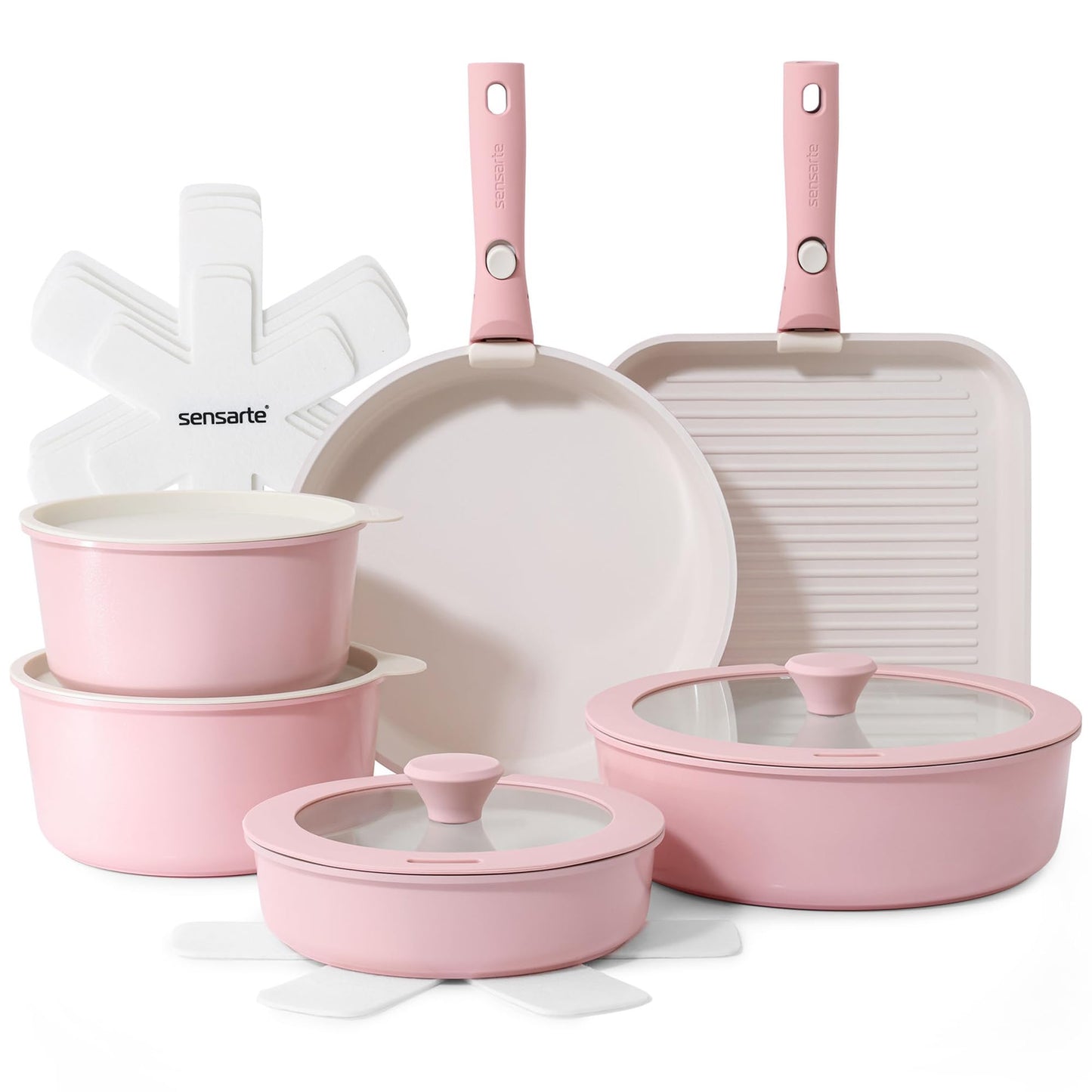 SENSARTE 17 Piece Ceramic Nonstick Cookware Set, Pink Pots and Pans for DEMO