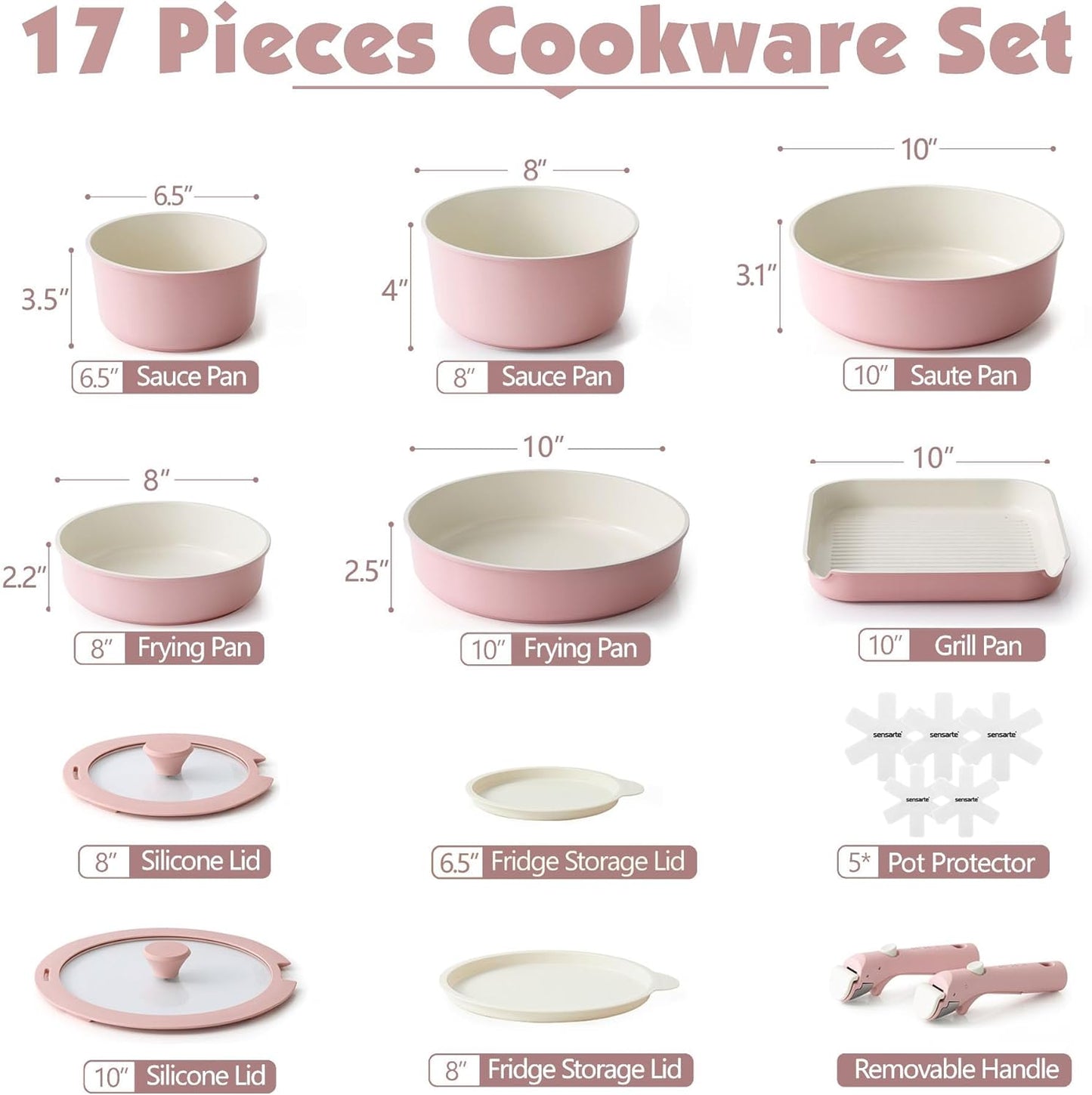 SENSARTE 17 Piece Ceramic Nonstick Cookware Set, Pink Pots and Pans for DEMO