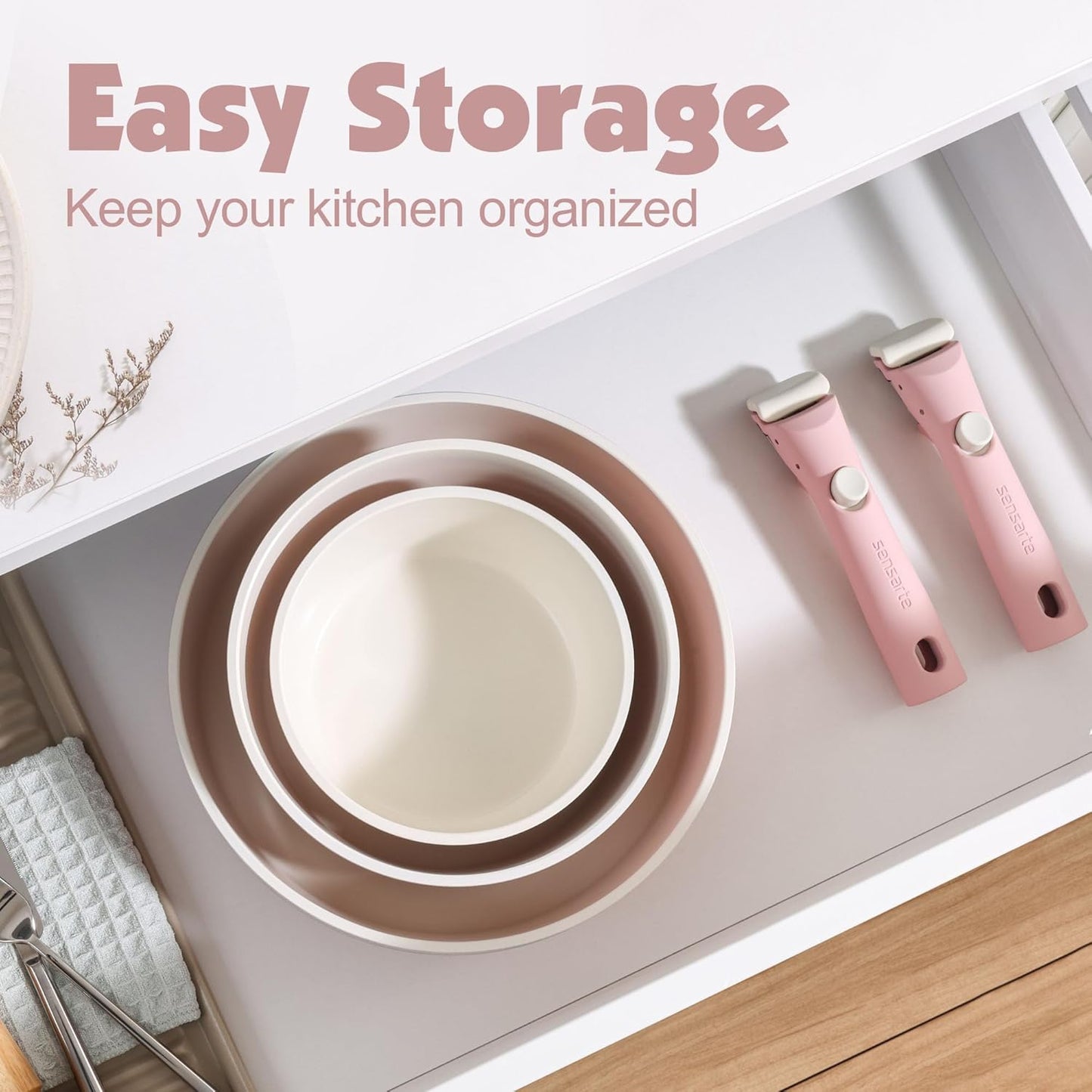 SENSARTE 17 Piece Ceramic Nonstick Cookware Set, Pink Pots and Pans for DEMO