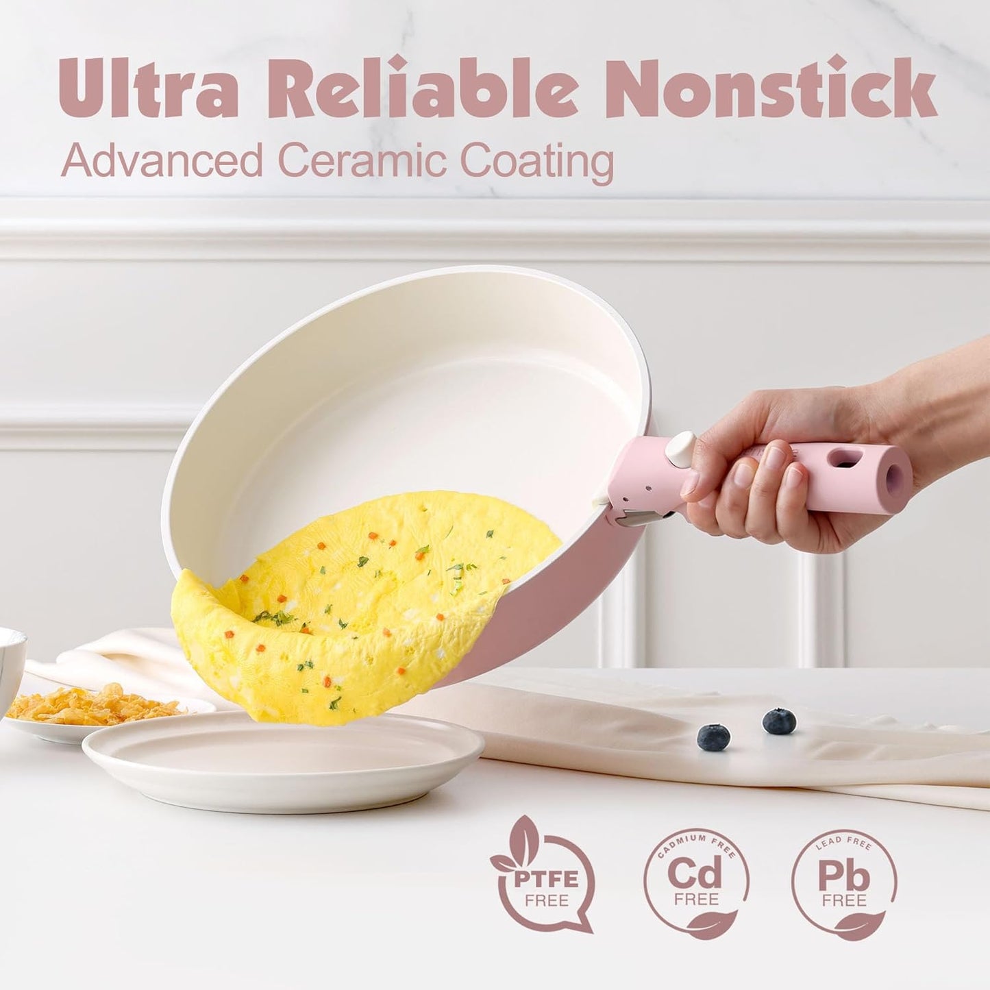 SENSARTE 17 Piece Ceramic Nonstick Cookware Set, Pink Pots and Pans for DEMO