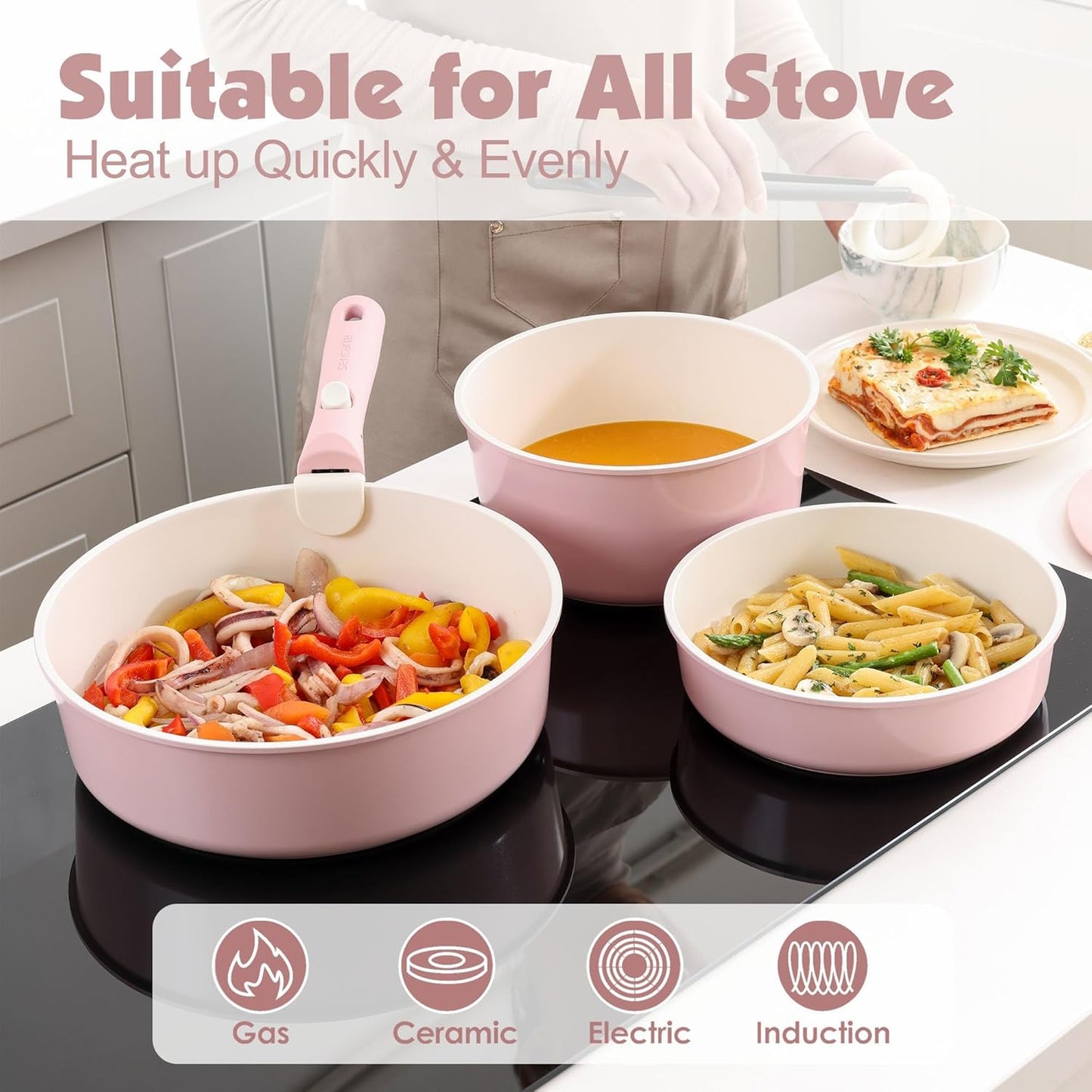 SENSARTE 17 Piece Ceramic Nonstick Cookware Set, Pink Pots and Pans for DEMO