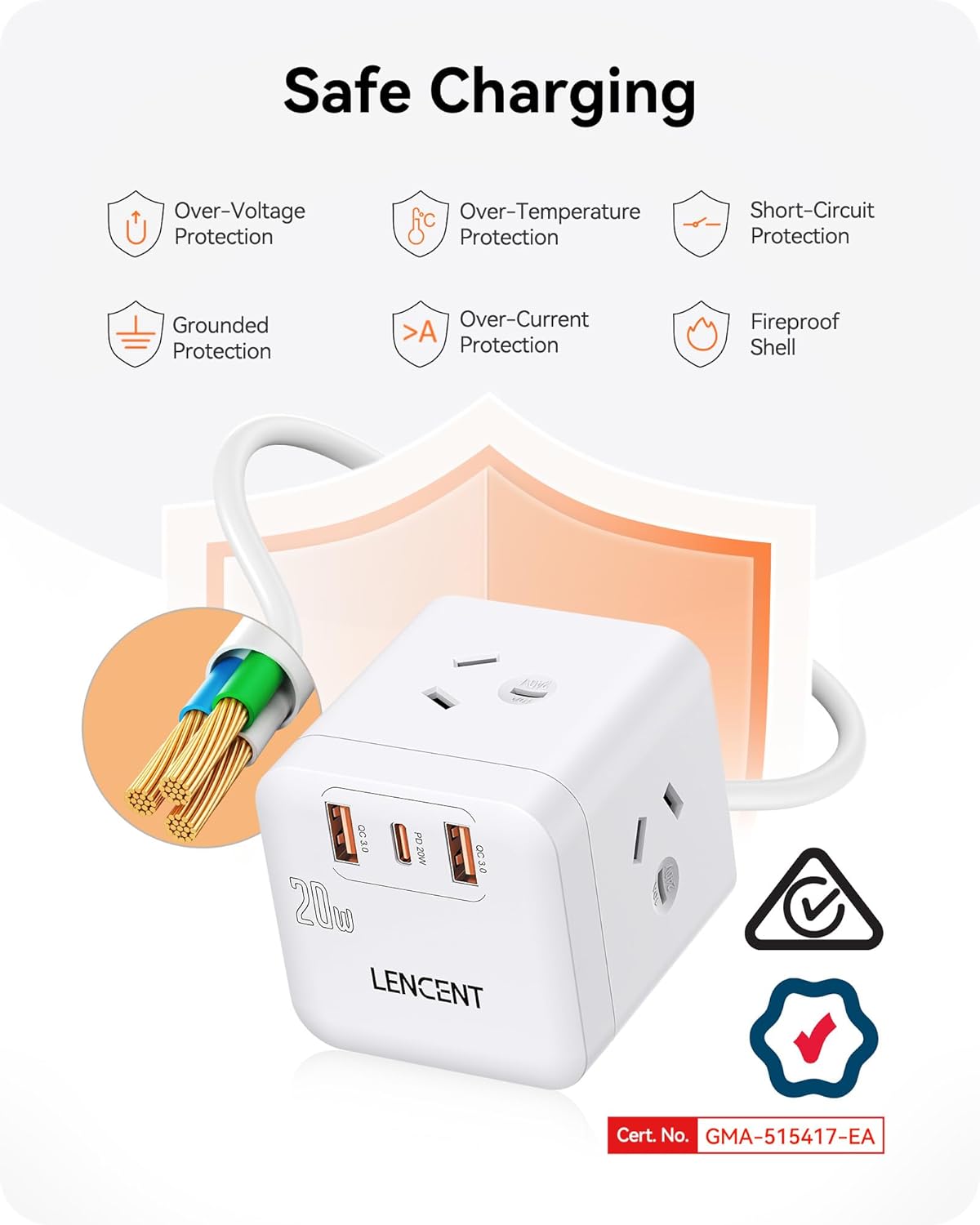 LENCENT Power Surge Protectors Board with USB PD 20W Fast Charging Outlet DEMO