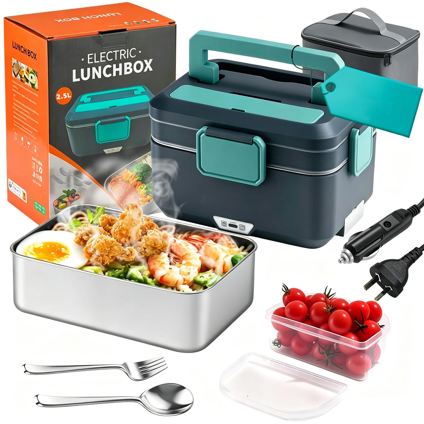 TOJUNE Electric Heating Lunch Box 2.5L 90W Food Warmer 2-in-1 Port Blue DEMO