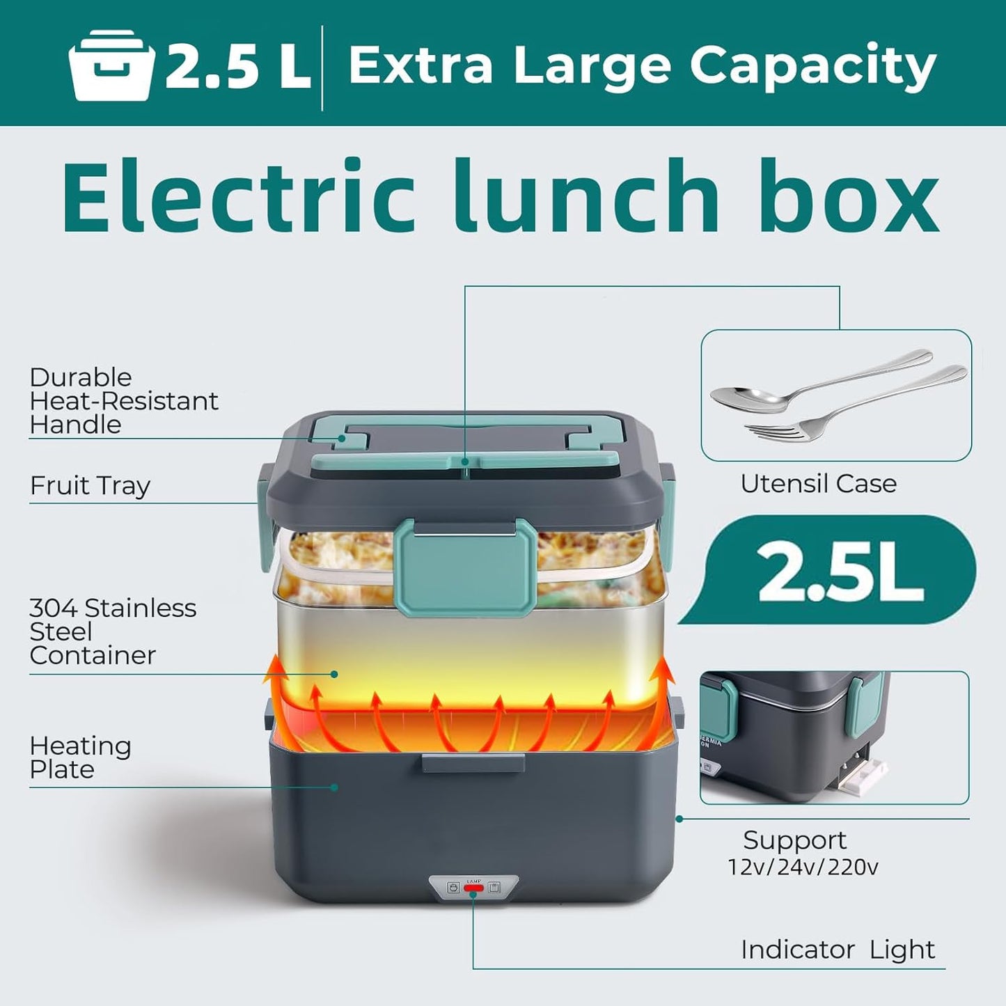 TOJUNE Electric Heating Lunch Box 2.5L 90W Food Warmer 2-in-1 Port Blue DEMO