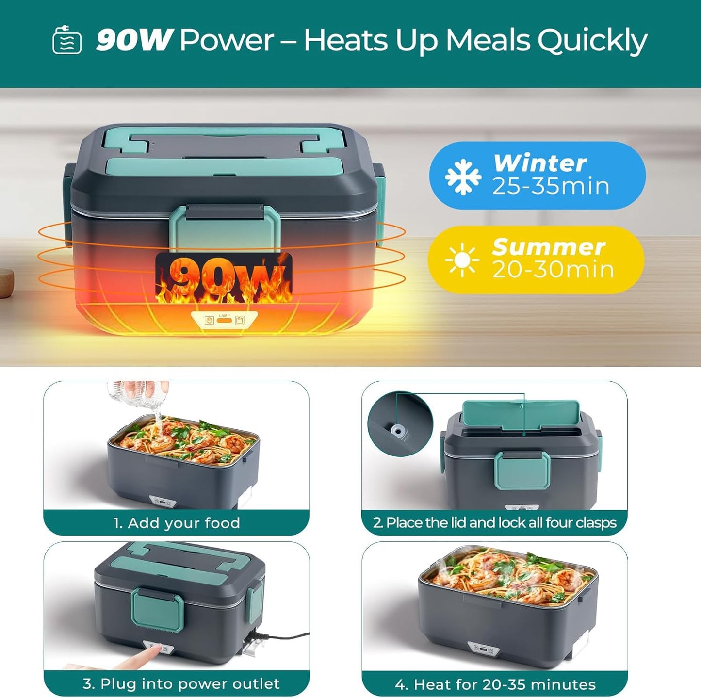 TOJUNE Electric Heating Lunch Box 2.5L 90W Food Warmer 2-in-1 Port Blue DEMO