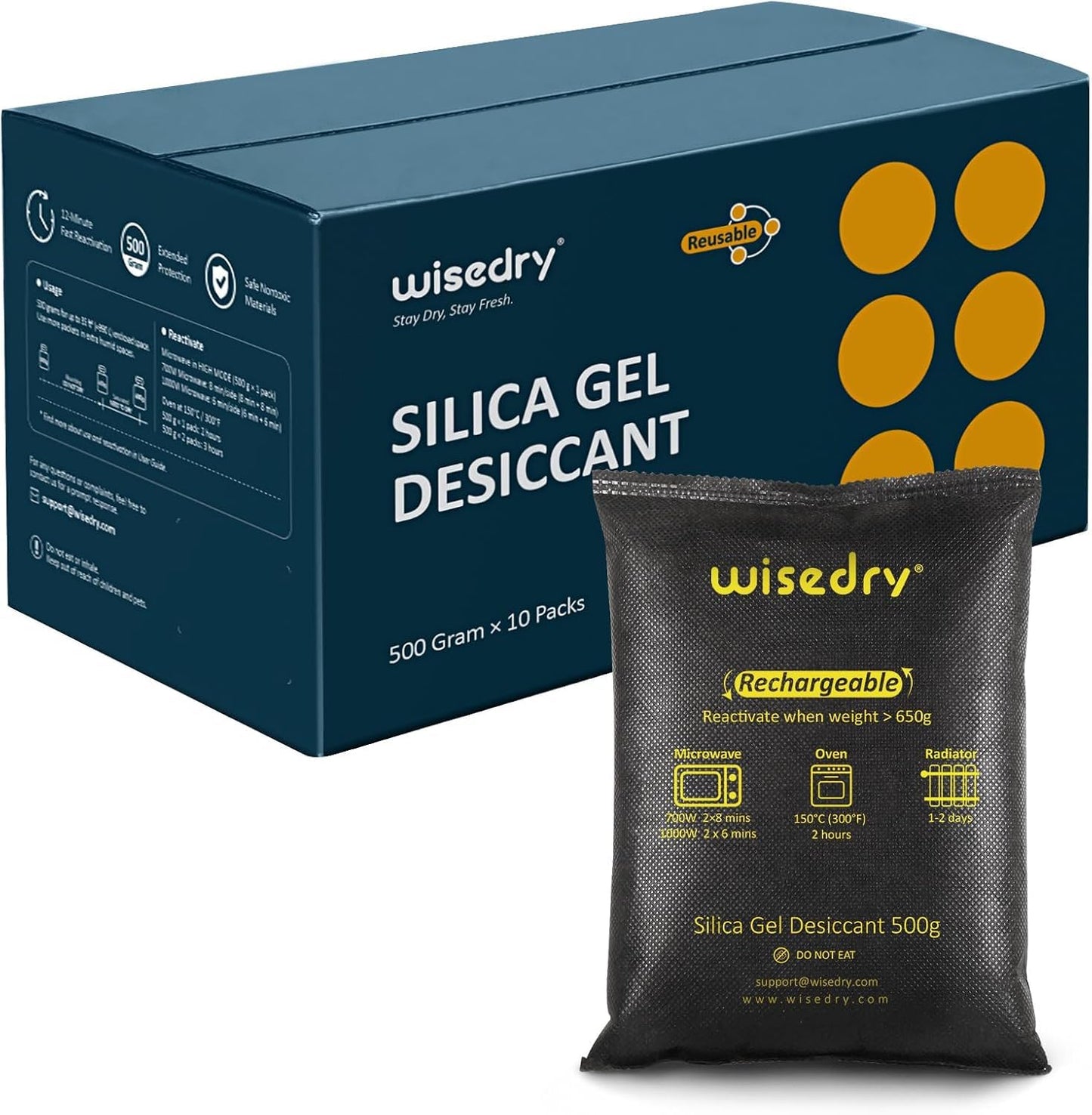 wisedry Rechargeable 500g Silica Gel Car Dehumidifier Pack, 9-Pack, Black DEMO