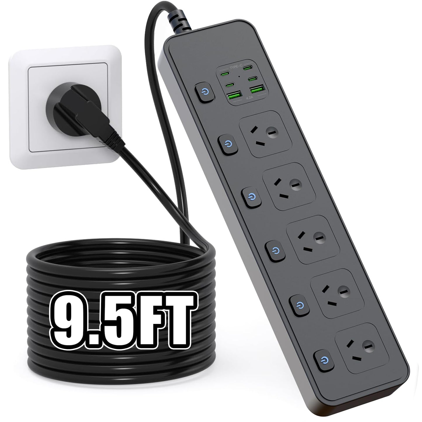 MTIENGZION 11-in-1 Power Strip with 2.9M Extension Cord and 3250W Capacity DEMO
