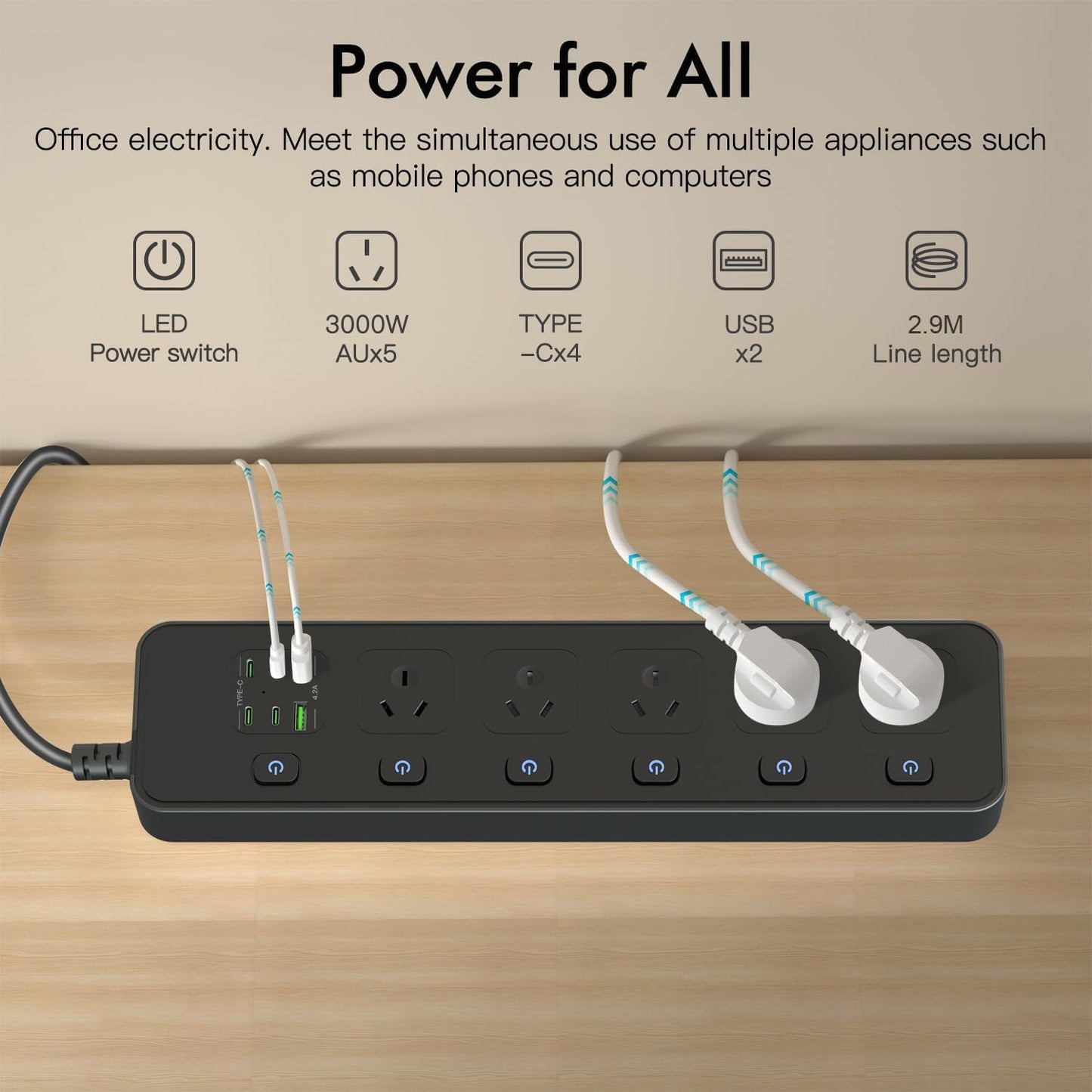 MTIENGZION 11-in-1 Power Strip with 2.9M Extension Cord and 3250W Capacity DEMO