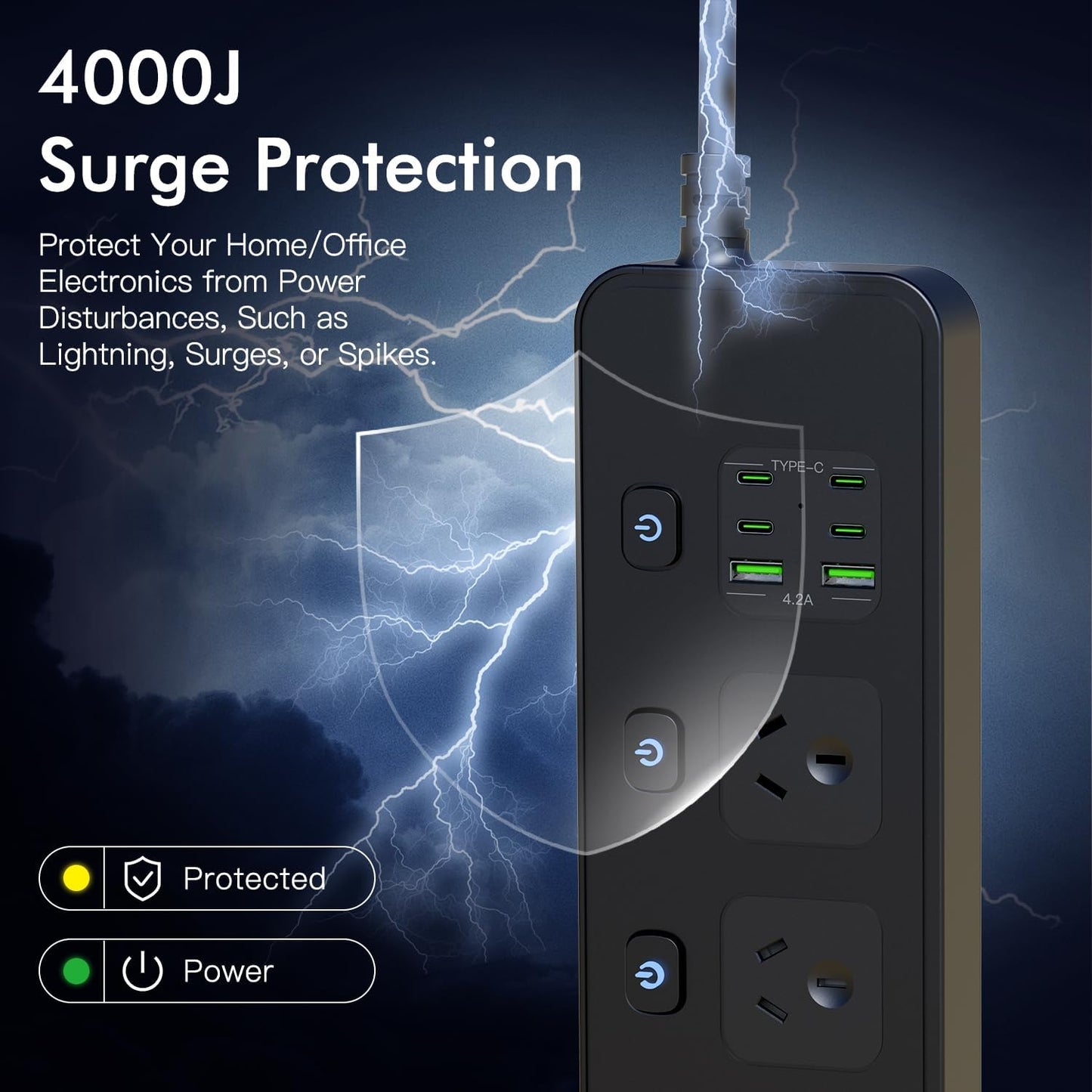 MTIENGZION 11-in-1 Power Strip with 2.9M Extension Cord and 3250W Capacity DEMO