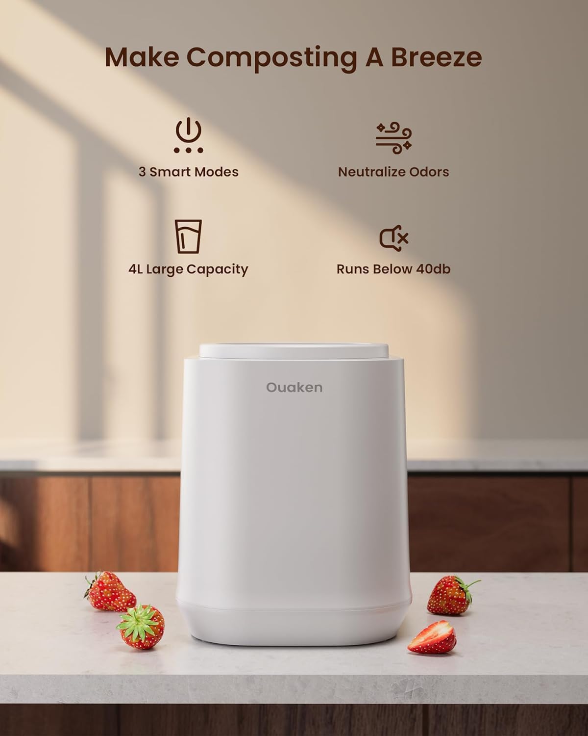 Ouaken 4L Smart Countertop Compost Bin Odorless Low Waste Kitchen Trash Can NEW