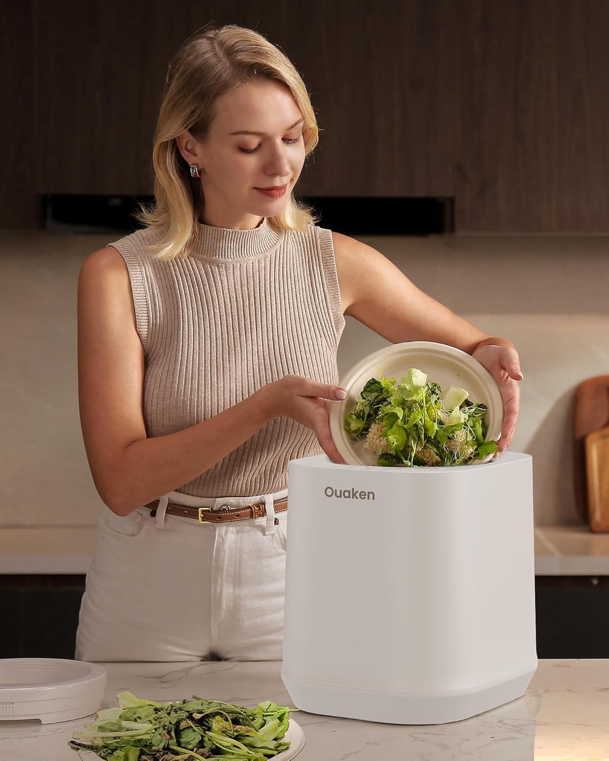 Ouaken 4L Smart Countertop Compost Bin Odorless Low Waste Kitchen Trash Can NEW