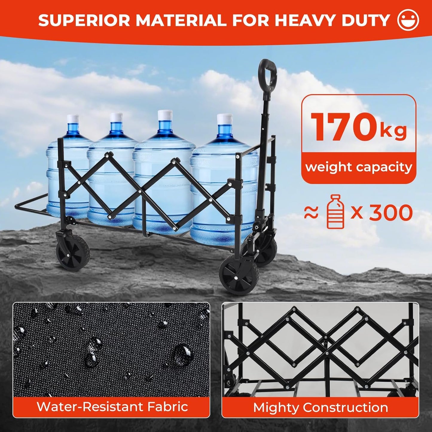 DUHKOI Foldable Garden Wagon Trolley Extended 120L Capacity 170kg Load DEMO