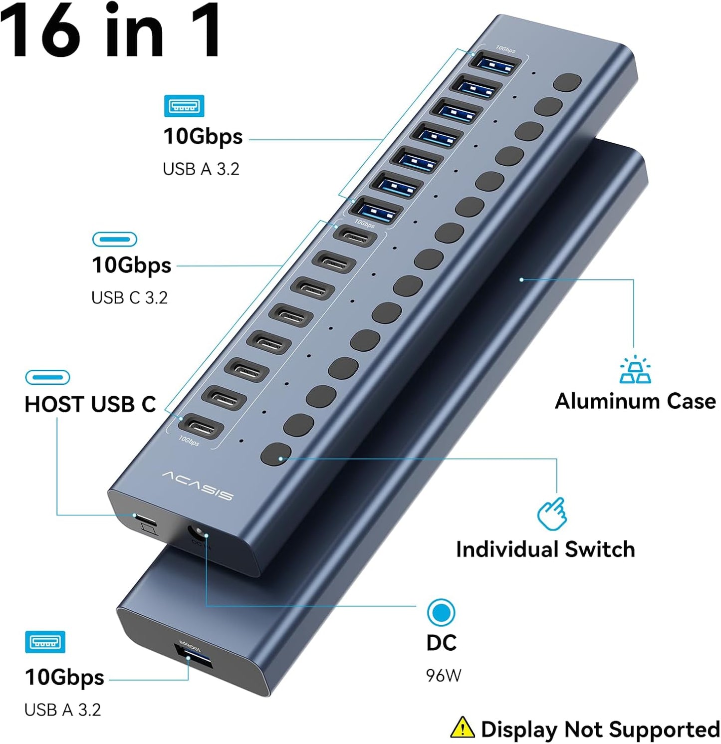 ACASIS 16-Port USB Hubs USB 3.2 Hub with 8 USB-A & USB-C Ports, Blue, for NEW